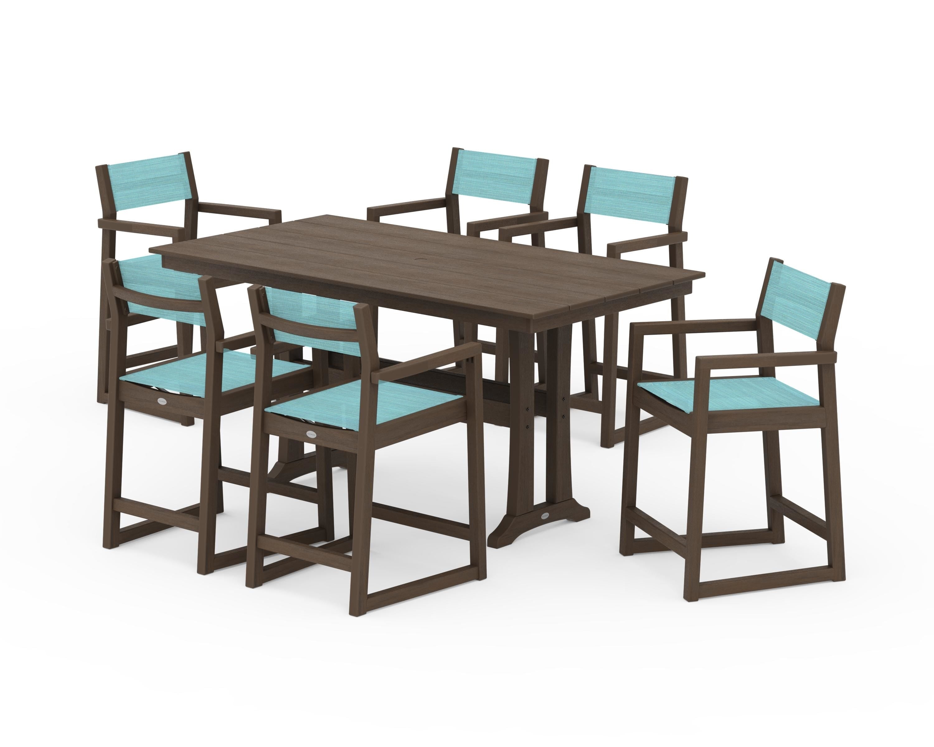 POLYWOOD EDGE Sling Arm Chair 7-Piece Farmhouse Counter Set with Trestle Legs in Kona / Dupioni Aquamarine Sling