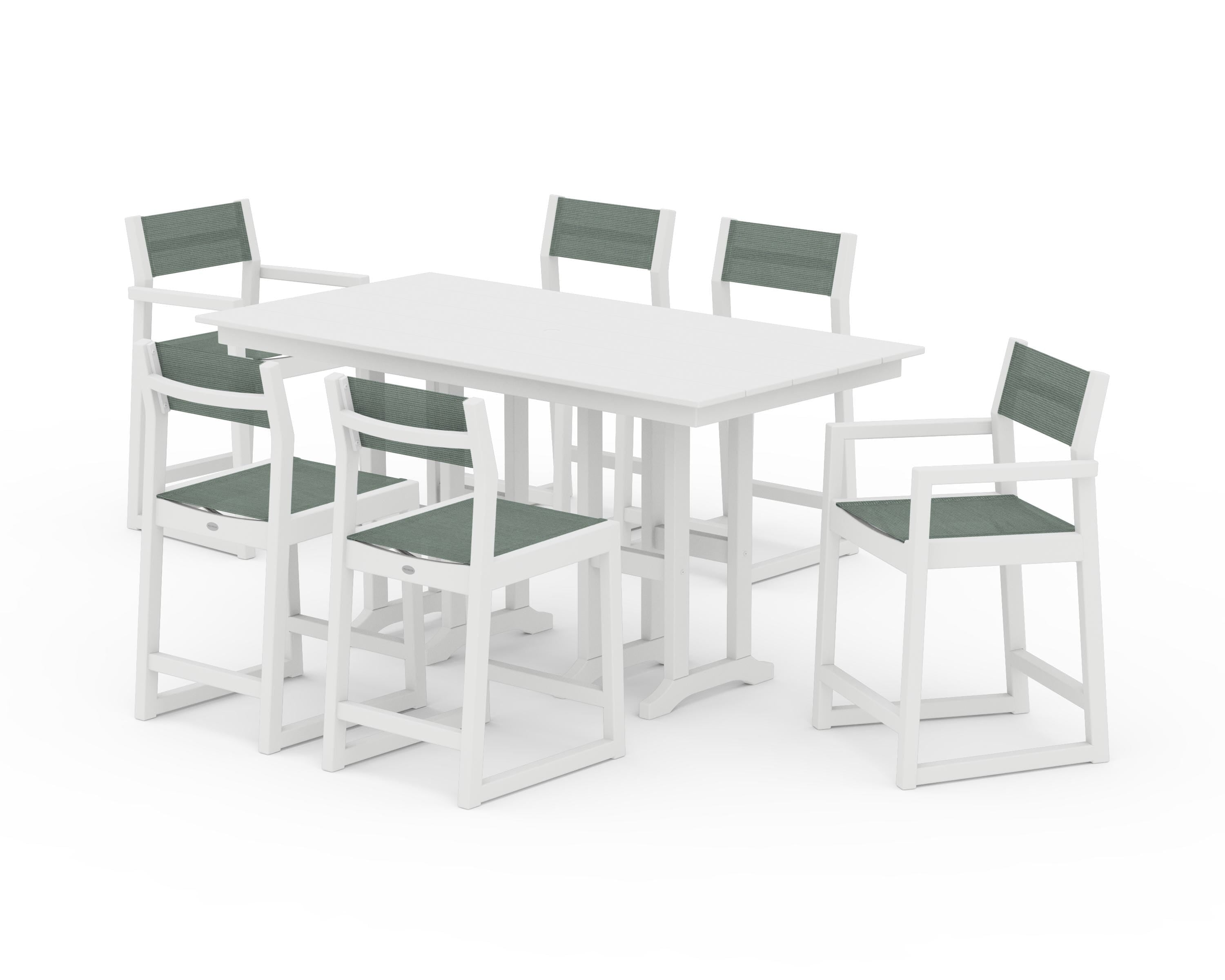POLYWOOD EDGE Sling 7-Piece Farmhouse Counter Set with Trestle Legs in White / Dupioni Sea Mist Sling