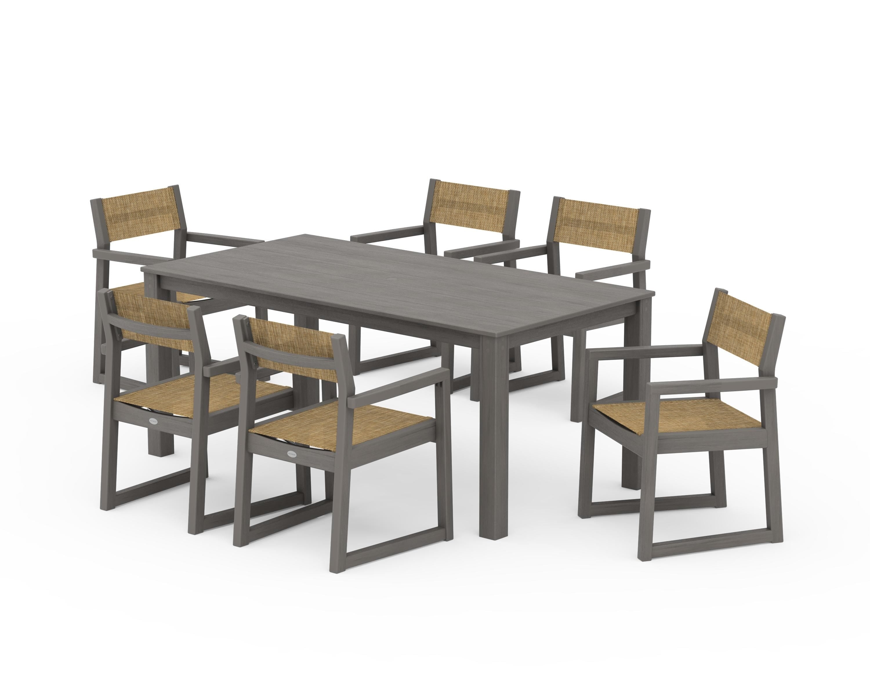 POLYWOOD EDGE Sling Arm Chair 7-Piece Parsons Dining Set in Driftwood / Burlap Sling