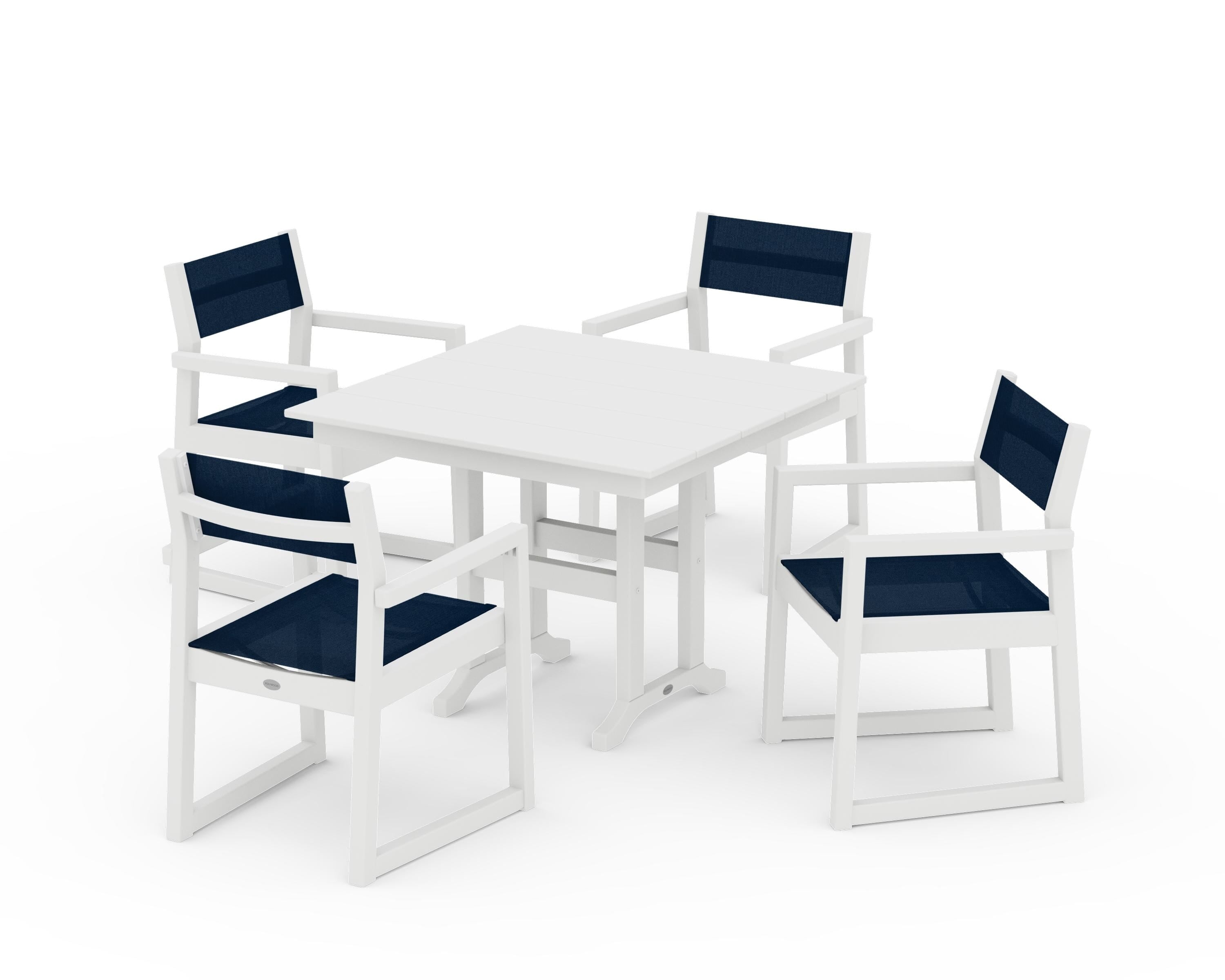 POLYWOOD EDGE Sling Arm Chair 5-Piece Farmhouse Dining Set in White / Navy Blue Sling