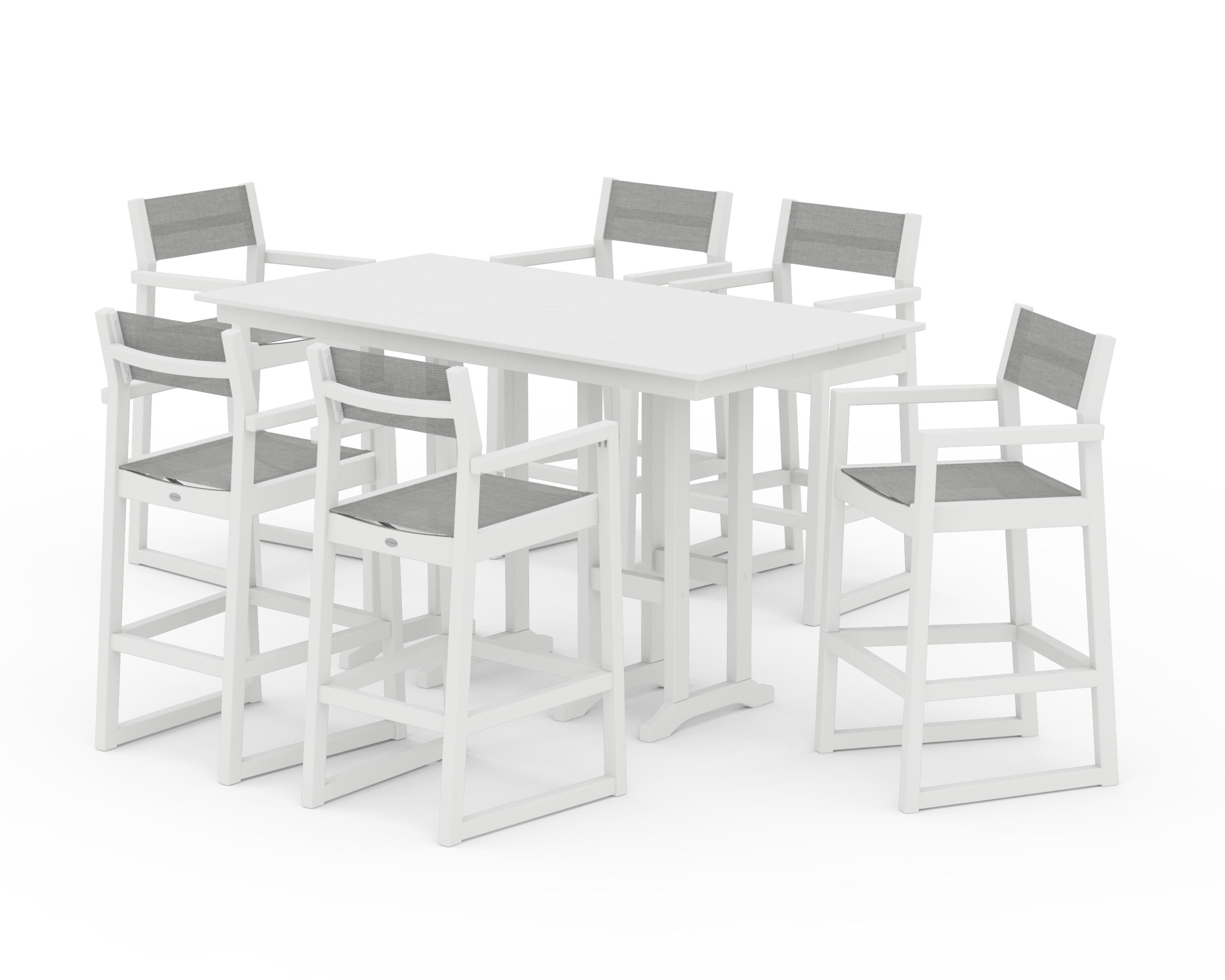 POLYWOOD EDGE Sling Arm Chair 7-Piece Farmhouse Bar Set in White / Metallic Sling