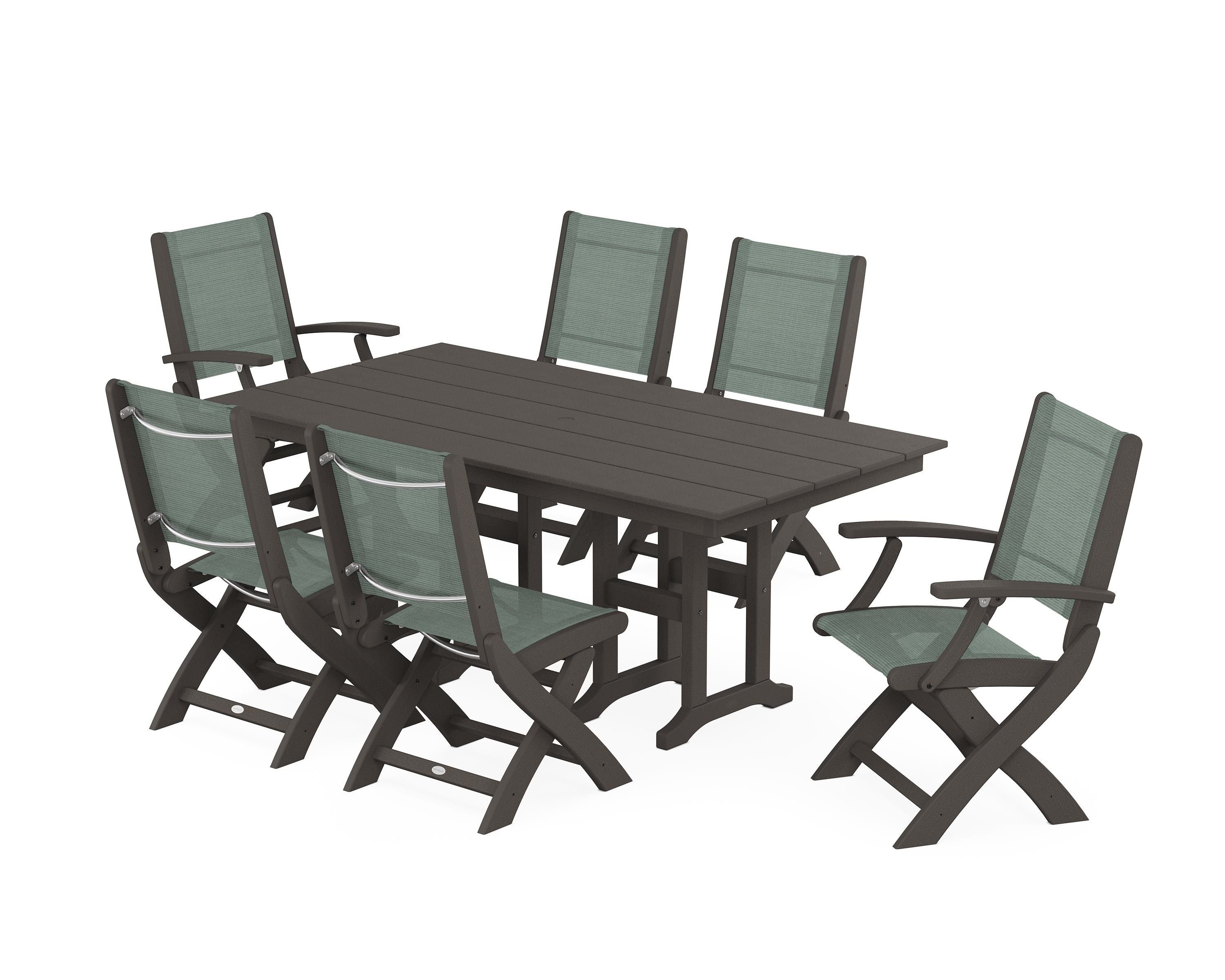 POLYWOOD Coastal Folding Chair 7-Piece Farmhouse Dining Set in Vintage Coffee / Dupioni Sea Mist Sling