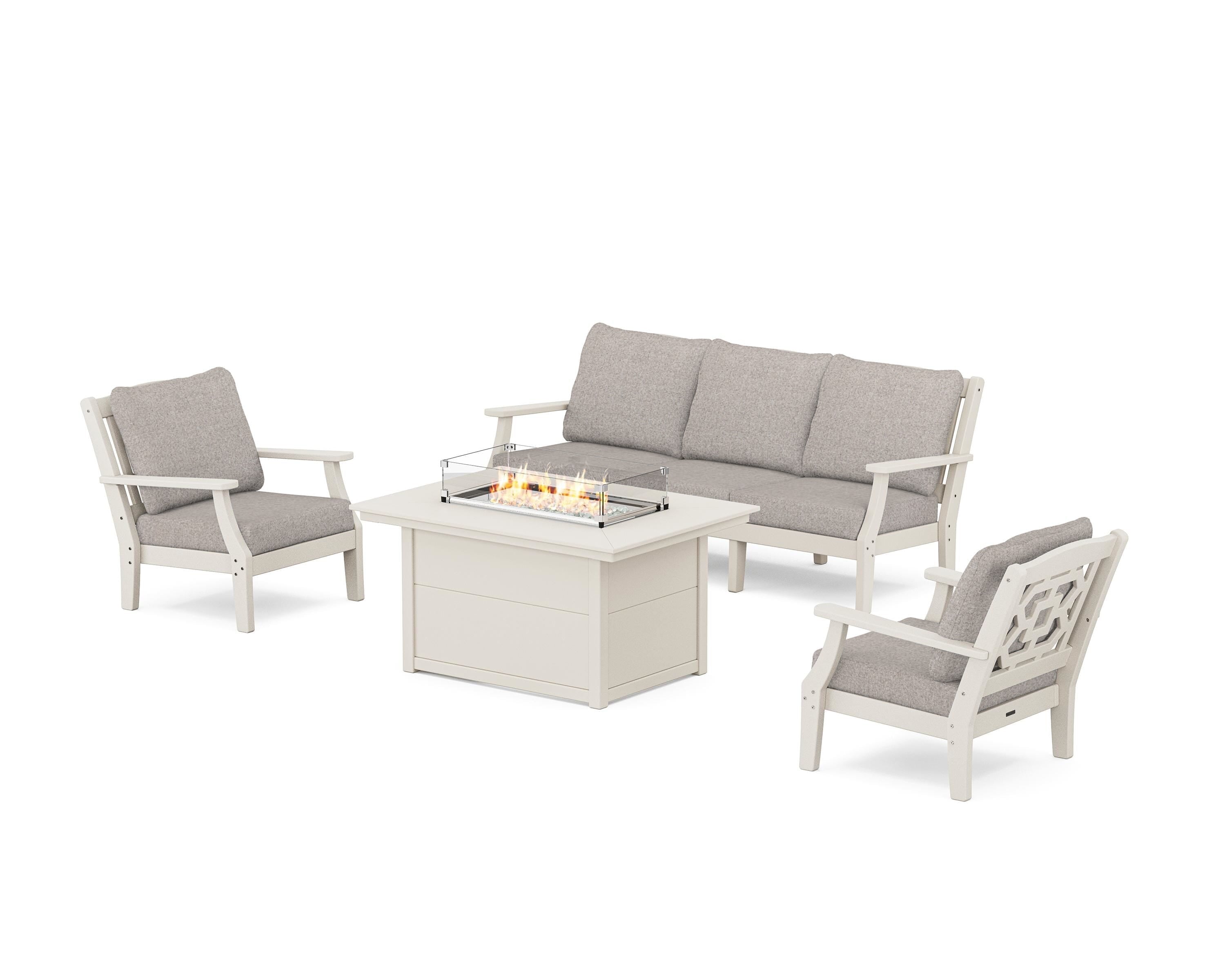 Martha Stewart by POLYWOOD Chinoiserie Deep Seating Fire Pit Table Set in Sand / Weathered Tweed