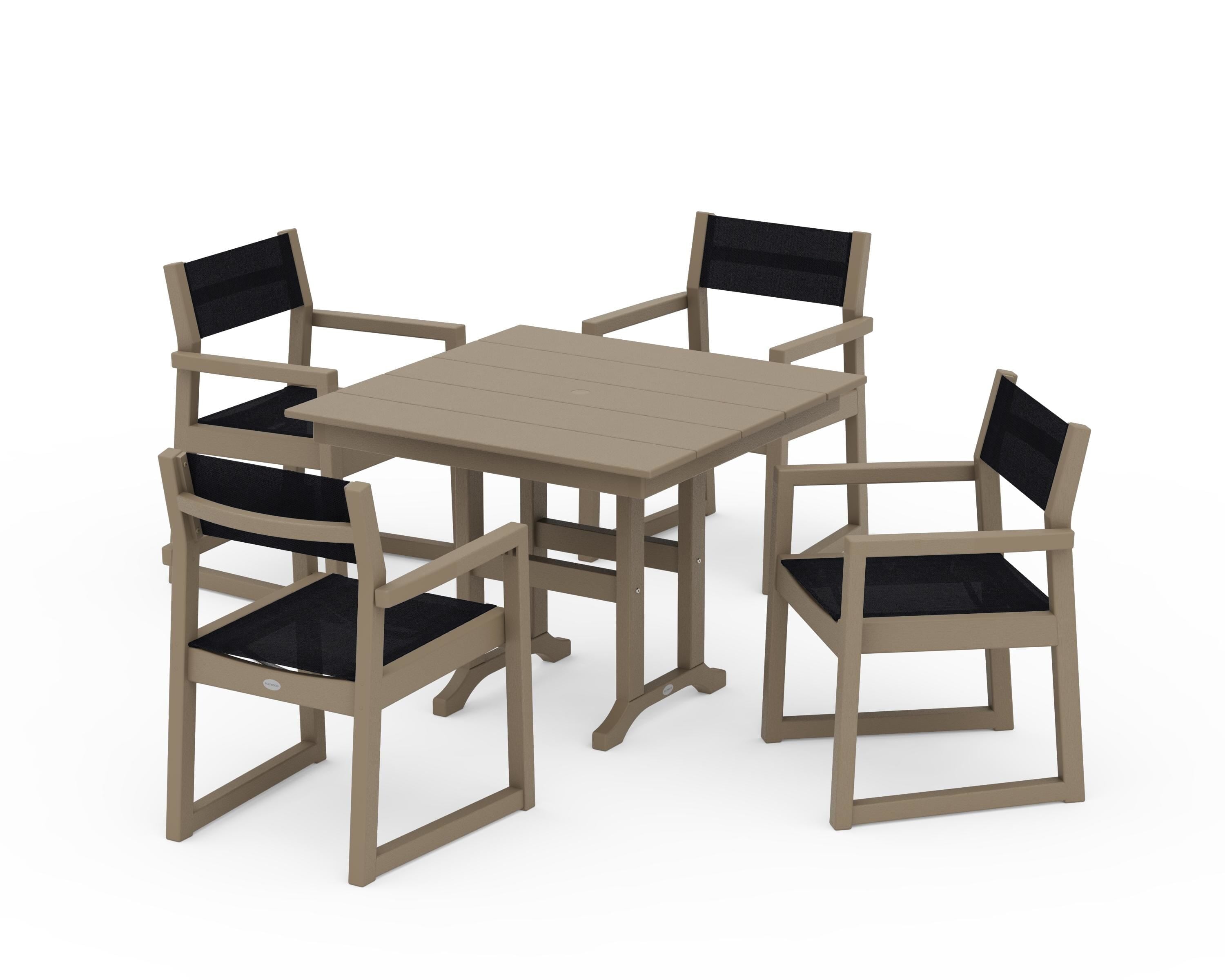 POLYWOOD EDGE Sling Arm Chair 5-Piece Farmhouse Dining Set in Vintage Sahara / Black Sling
