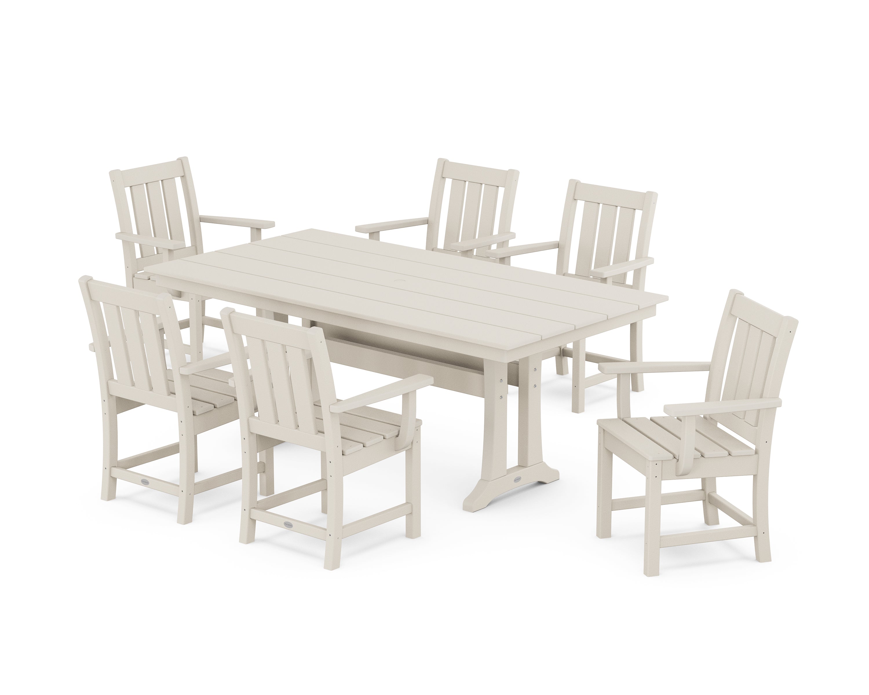 POLYWOOD® Oxford Arm Chair 7-Piece Farmhouse Dining Set with Trestle Legs in Sand
