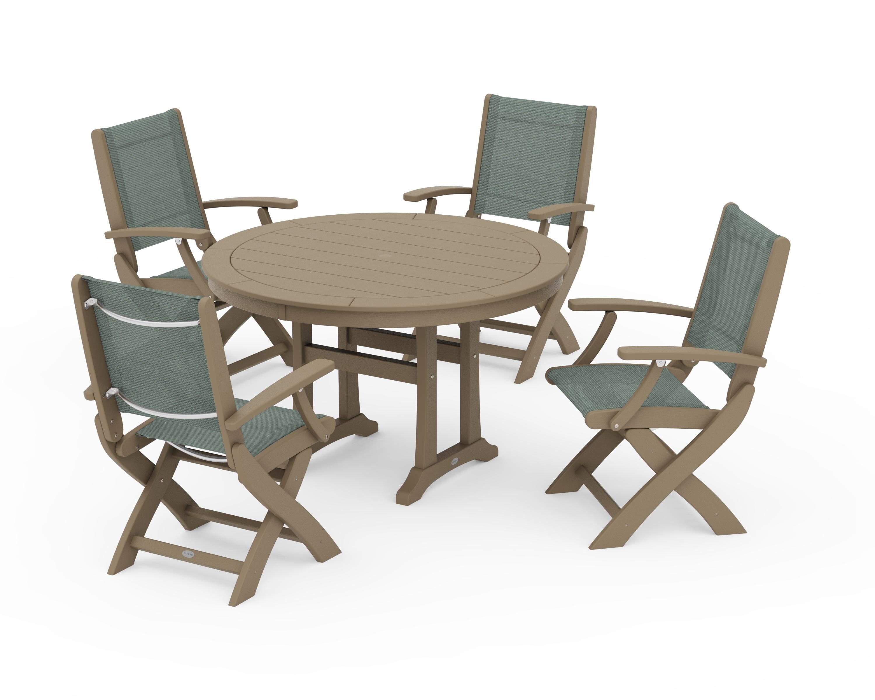 POLYWOOD Coastal Folding Chair 5-Piece Round Dining Set with Trestle Legs in Vintage Sahara / Dupioni Sea Mist Sling