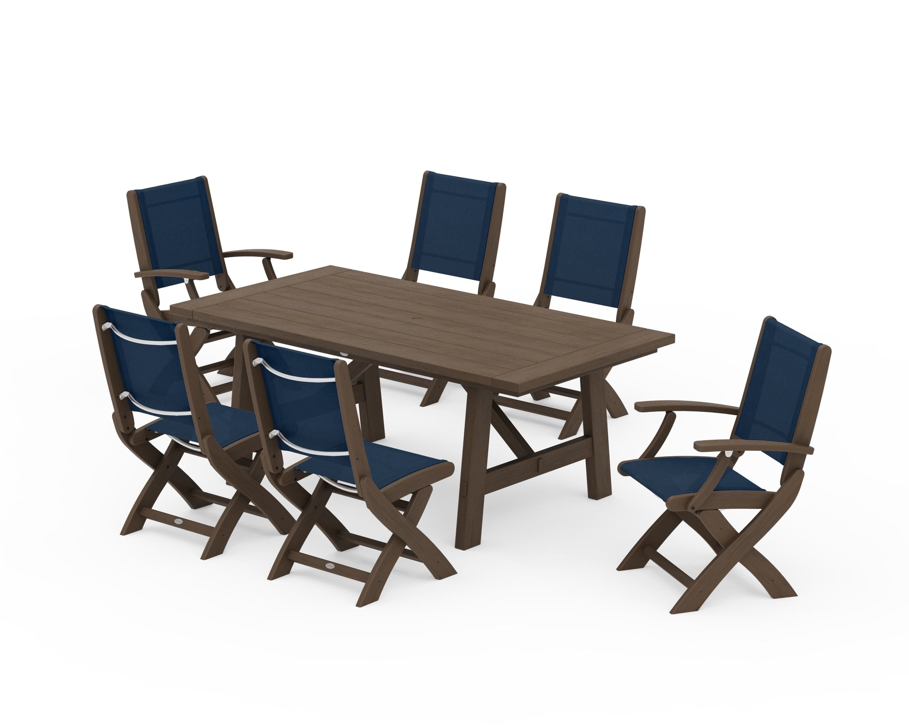 POLYWOOD Coastal Folding Chair 7-Piece Rustic Farmhouse Dining Set in Kona / Navy Blue Sling