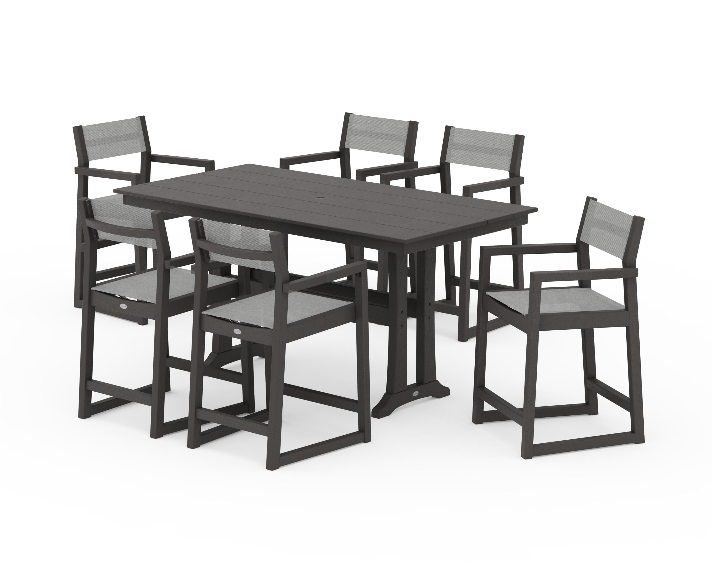 POLYWOOD EDGE Sling Arm Chair 7-Piece Farmhouse Counter Set with Trestle Legs in Vintage Coffee / Metallic Sling