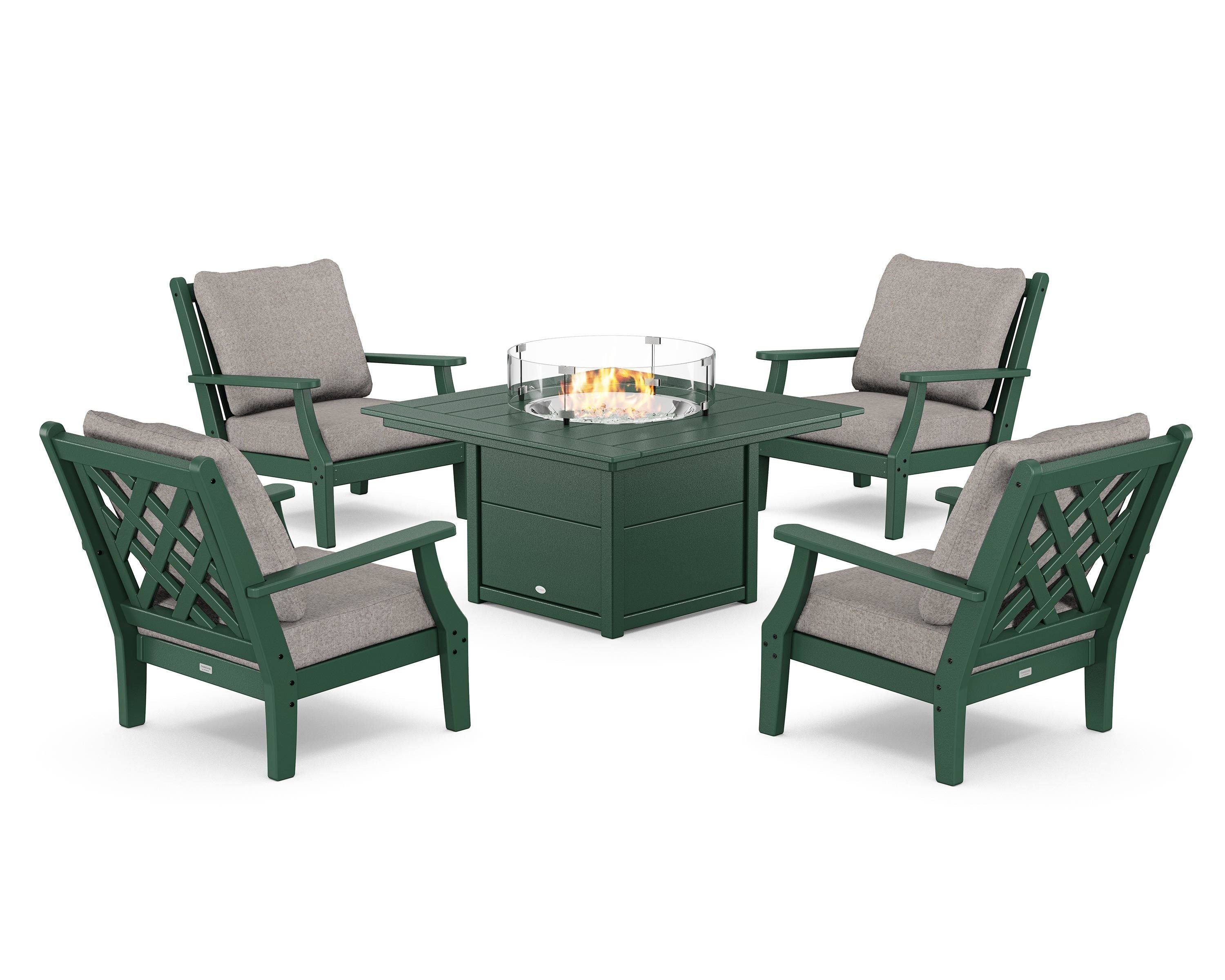 Country Living Wovendale 5-Piece Deep Seating Set with Fire Pit Table in Green / Weathered Tweed