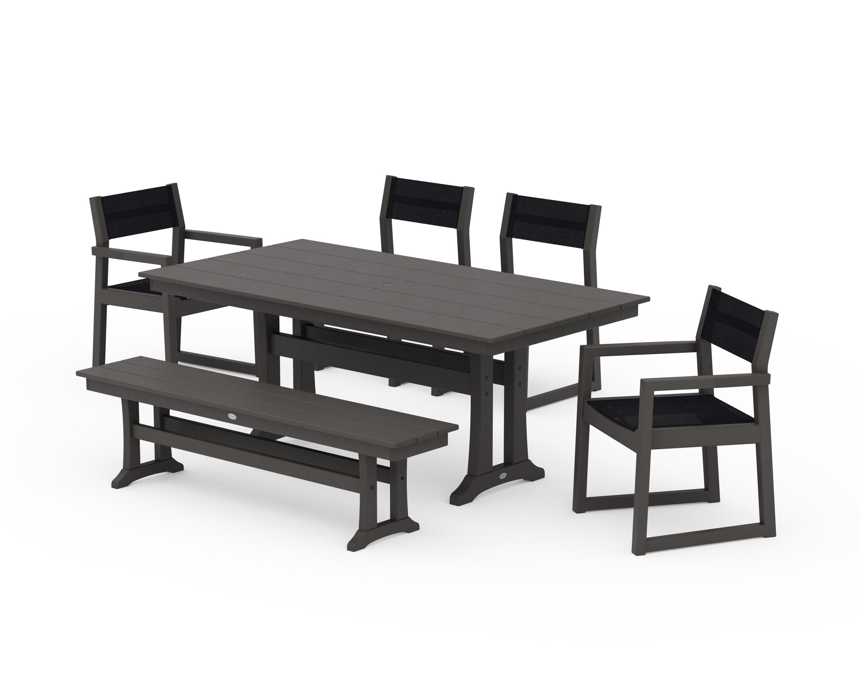POLYWOOD EDGE Sling 6-Piece Farmhouse Dining Set With Trestle Legs in Vintage Coffee / Black Sling
