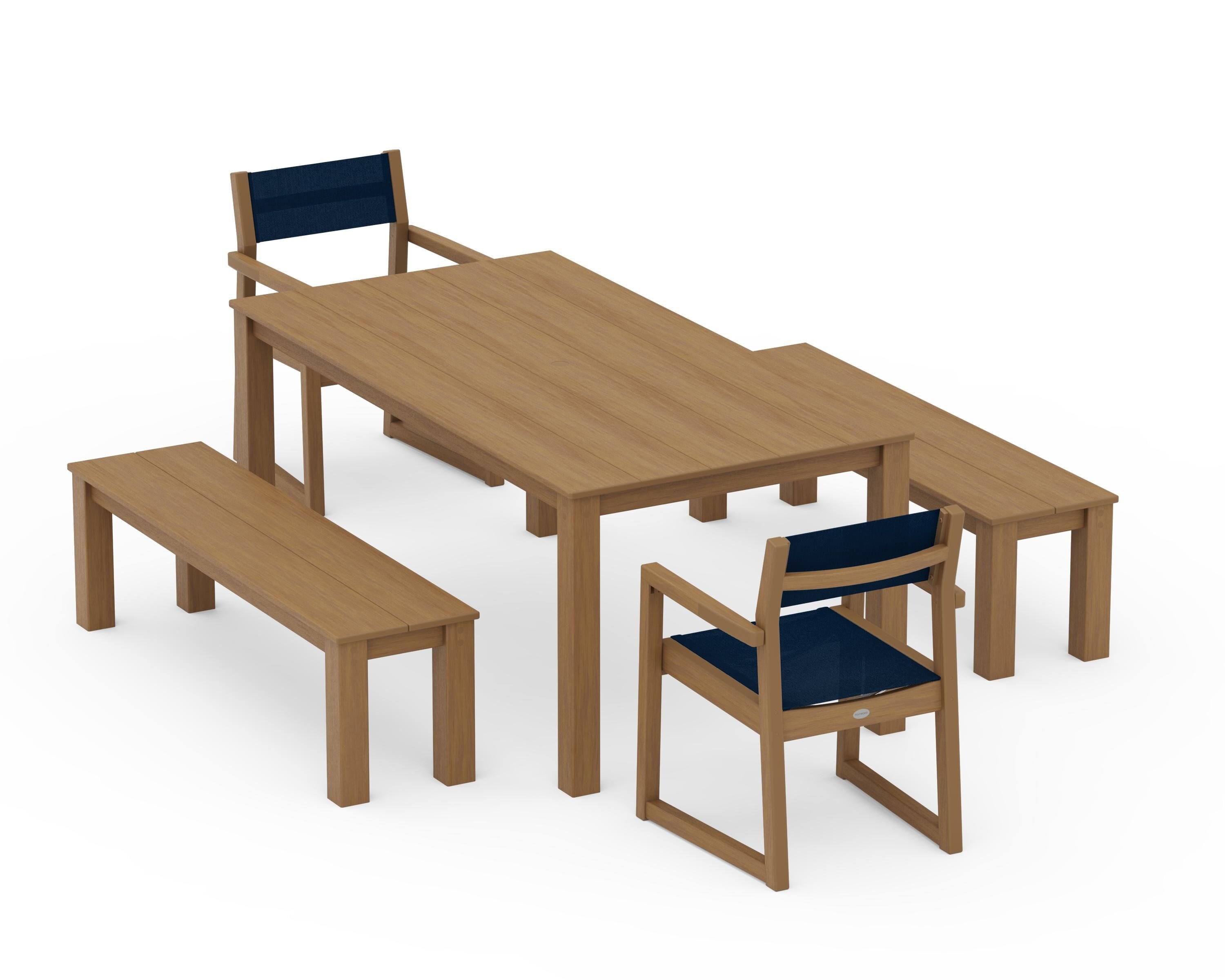 POLYWOOD EDGE Sling Arm Chair 5-Piece Parsons Dining Set with Benches in Natural / Navy Blue Sling