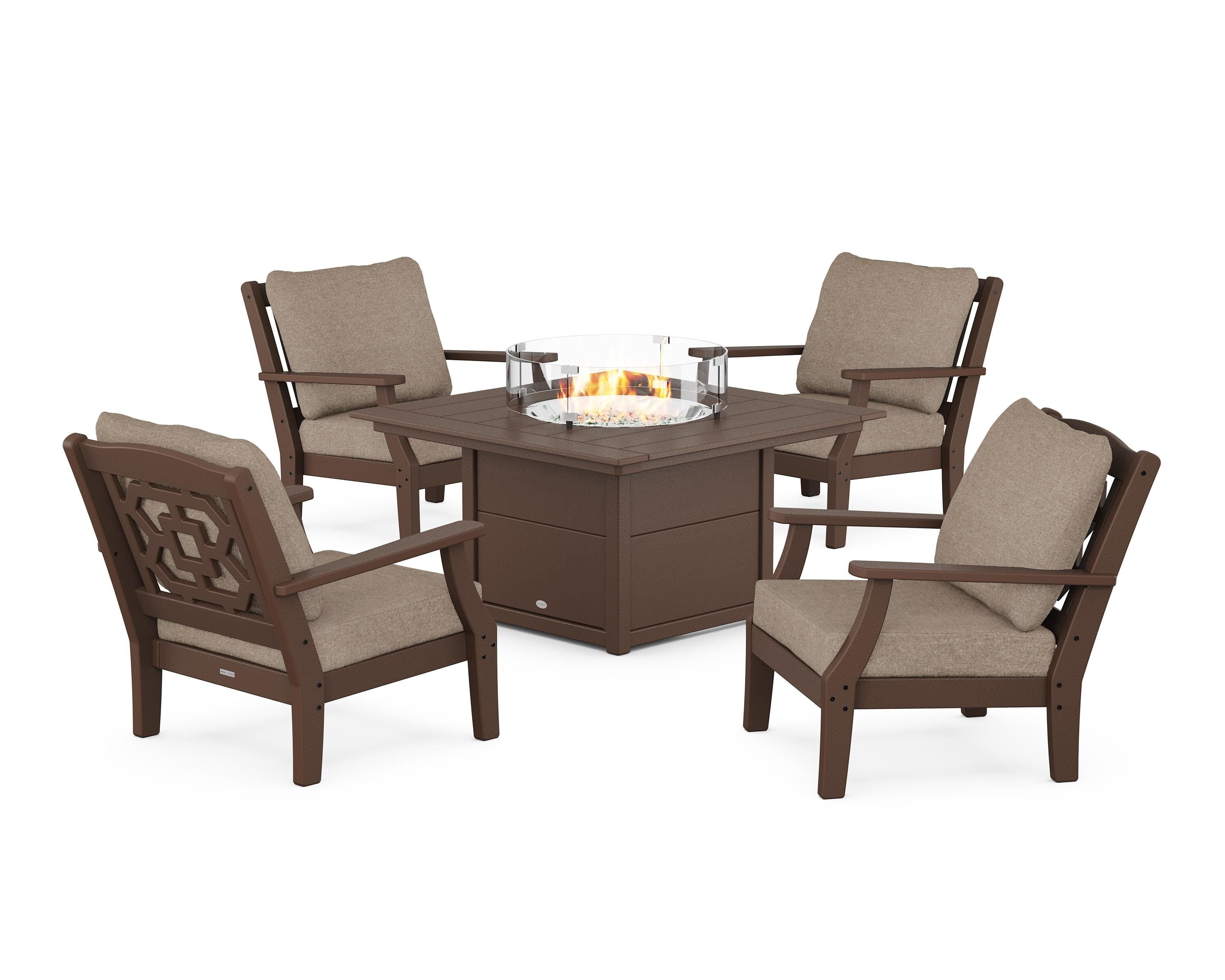 Martha Stewart by POLYWOOD Chinoiserie 5-Piece Deep Seating Set with Fire Pit Table in Mahogany / Spiced Burlap