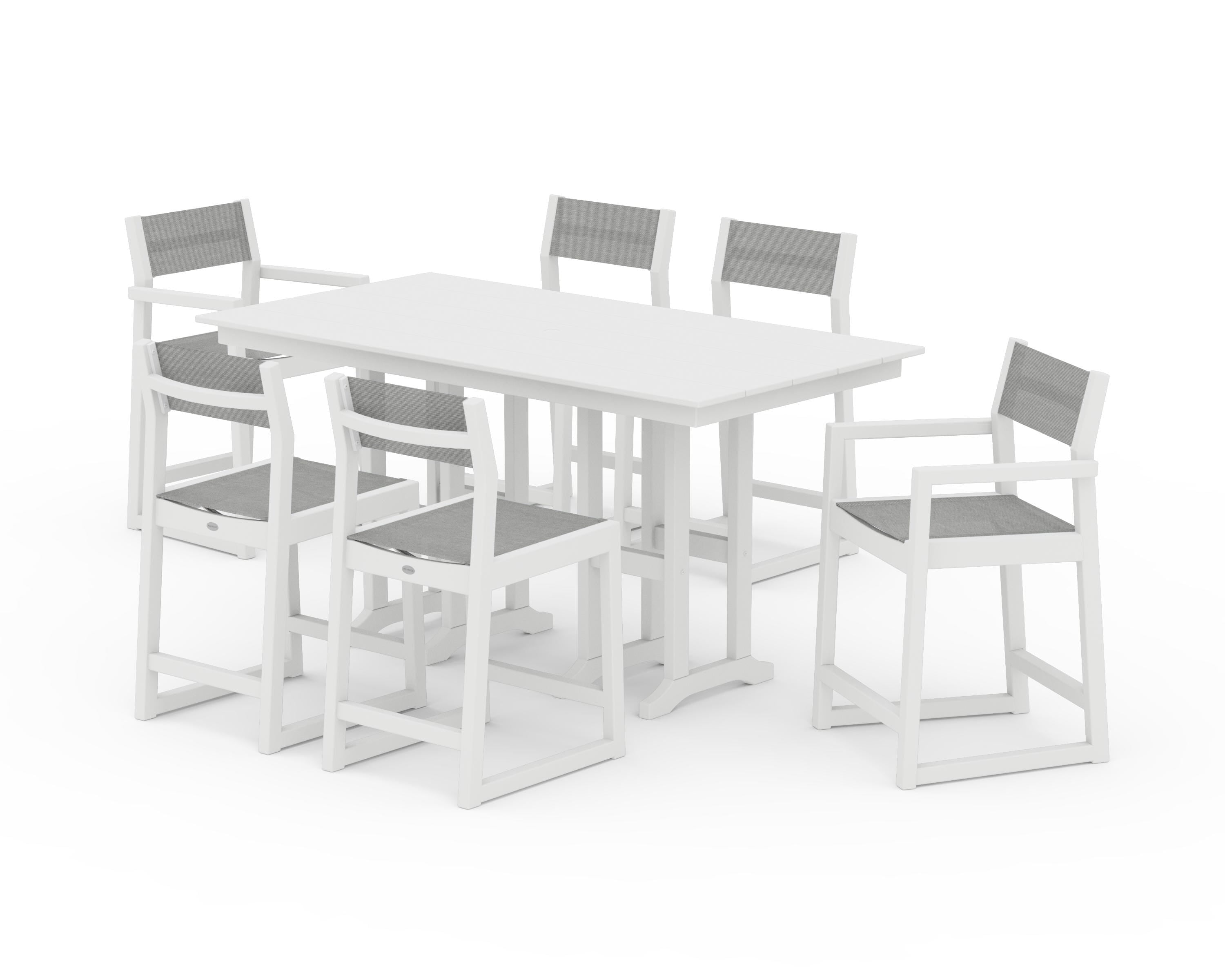 POLYWOOD EDGE Sling 7-Piece Farmhouse Counter Set with Trestle Legs in White / Metallic Sling