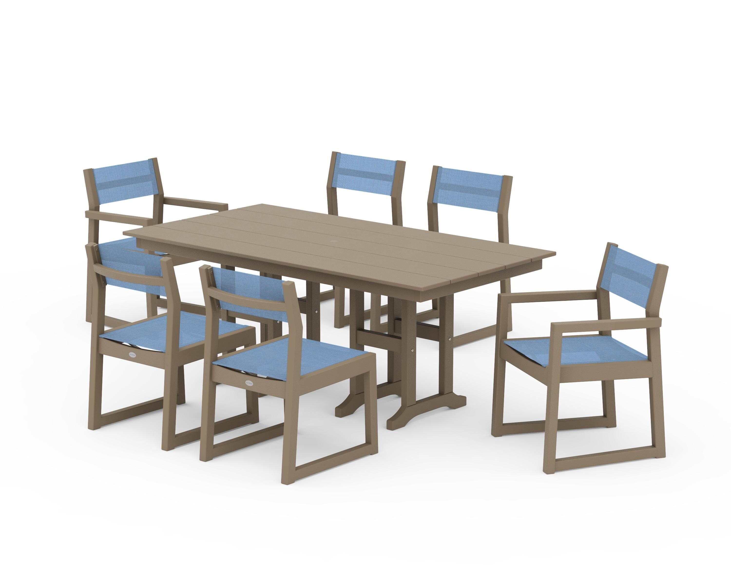 POLYWOOD EDGE Sling 7-Piece Farmhouse Dining Set in Vintage Sahara / Poolside Sling