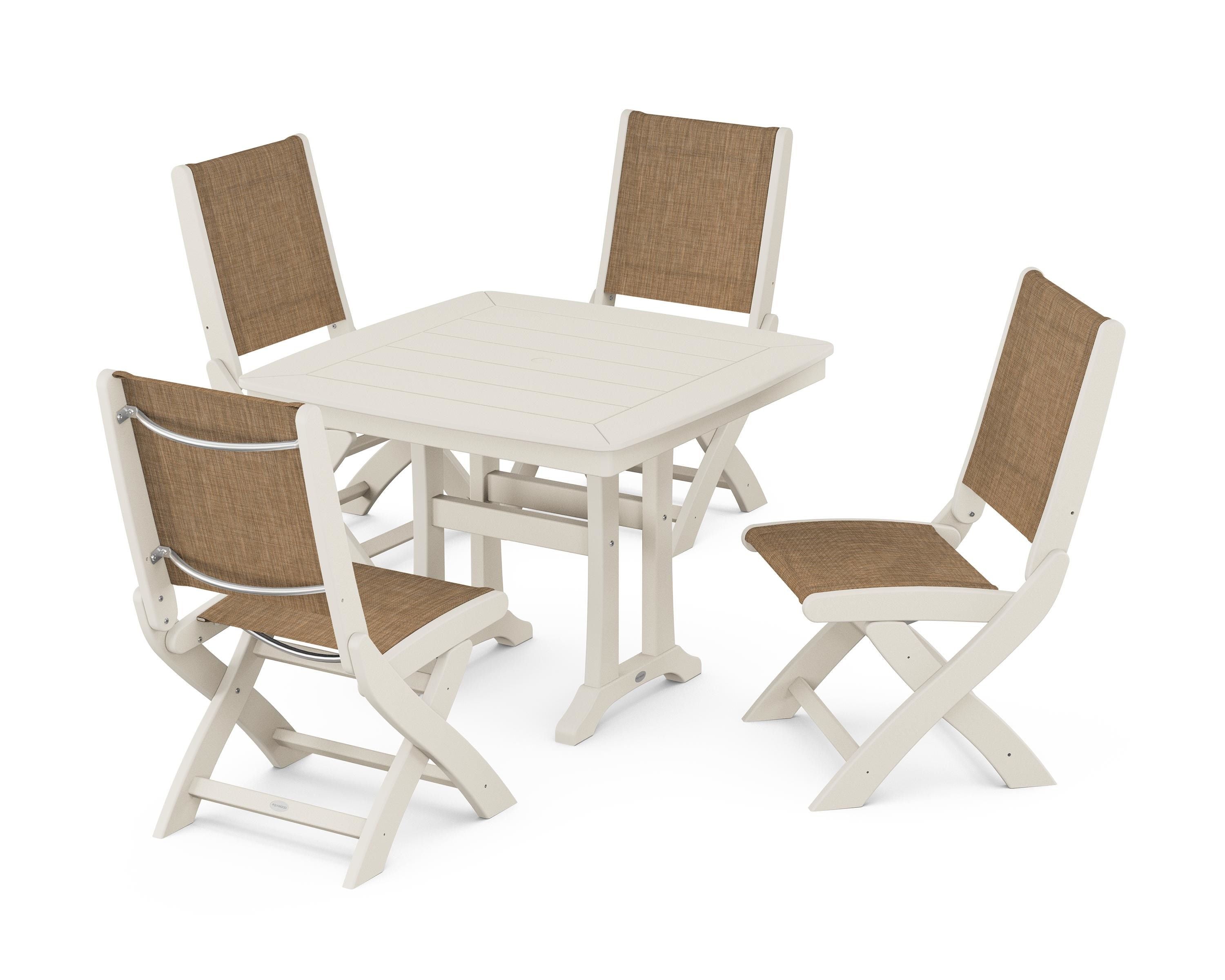 POLYWOOD Coastal Folding Side Chair 5-Piece Dining Set with Trestle Legs in Sand / Burlap Sling