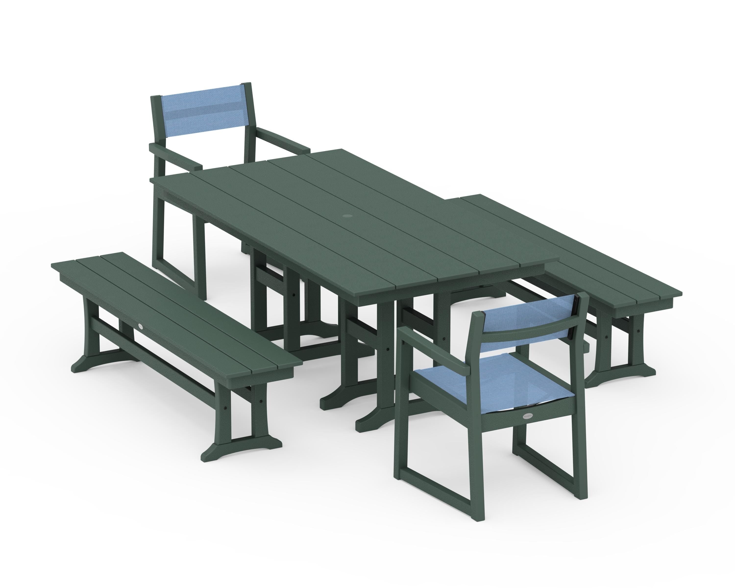 POLYWOOD EDGE Sling Arm Chair 5-Piece Farmhouse Dining Set with Benches in Green / Poolside Sling