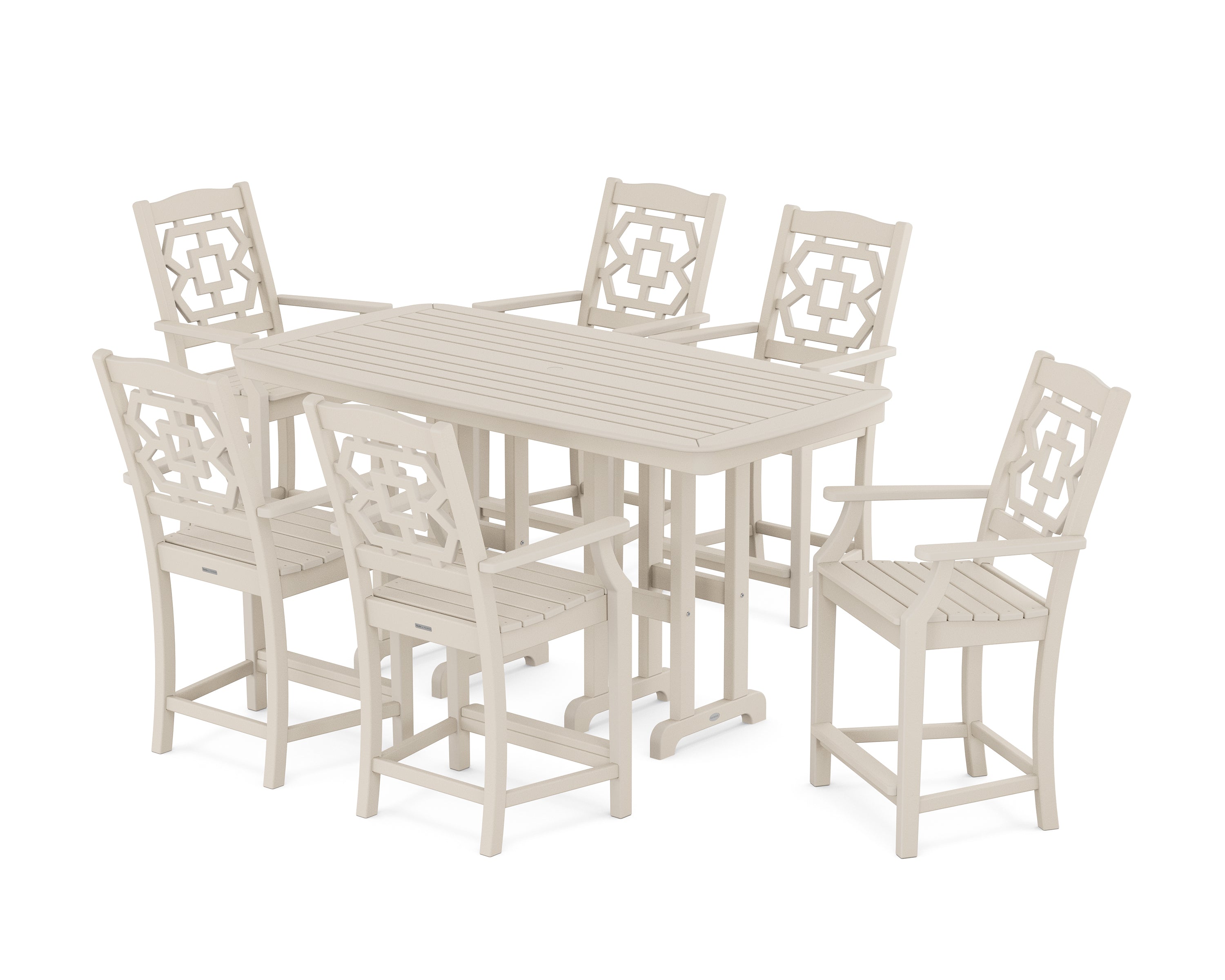 Martha Stewart by POLYWOOD® Chinoiserie Arm Chair 7-Piece Counter Set in Sand