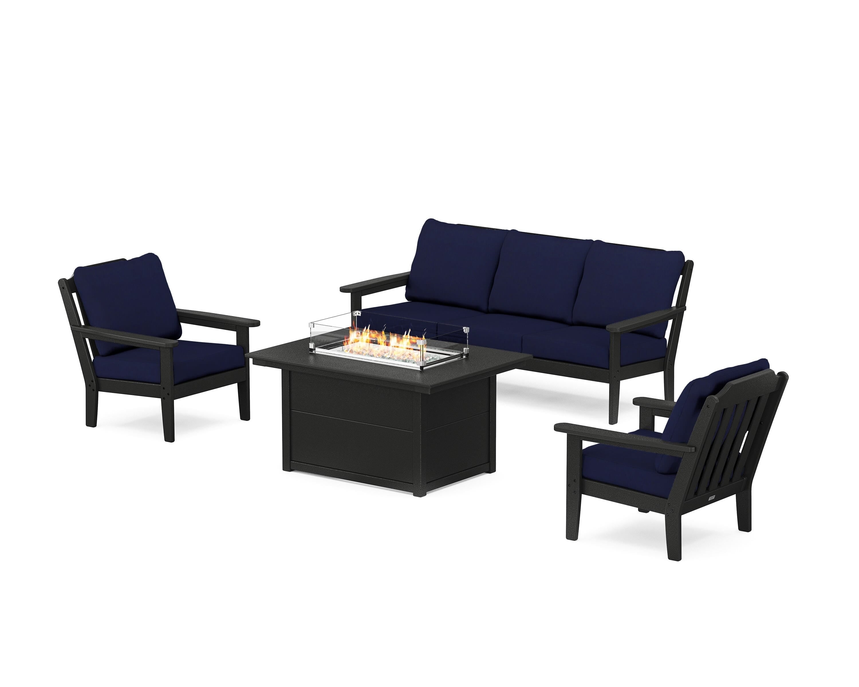Country Living Cottage Deep Seating Fire Pit Table Set in Black / Navy