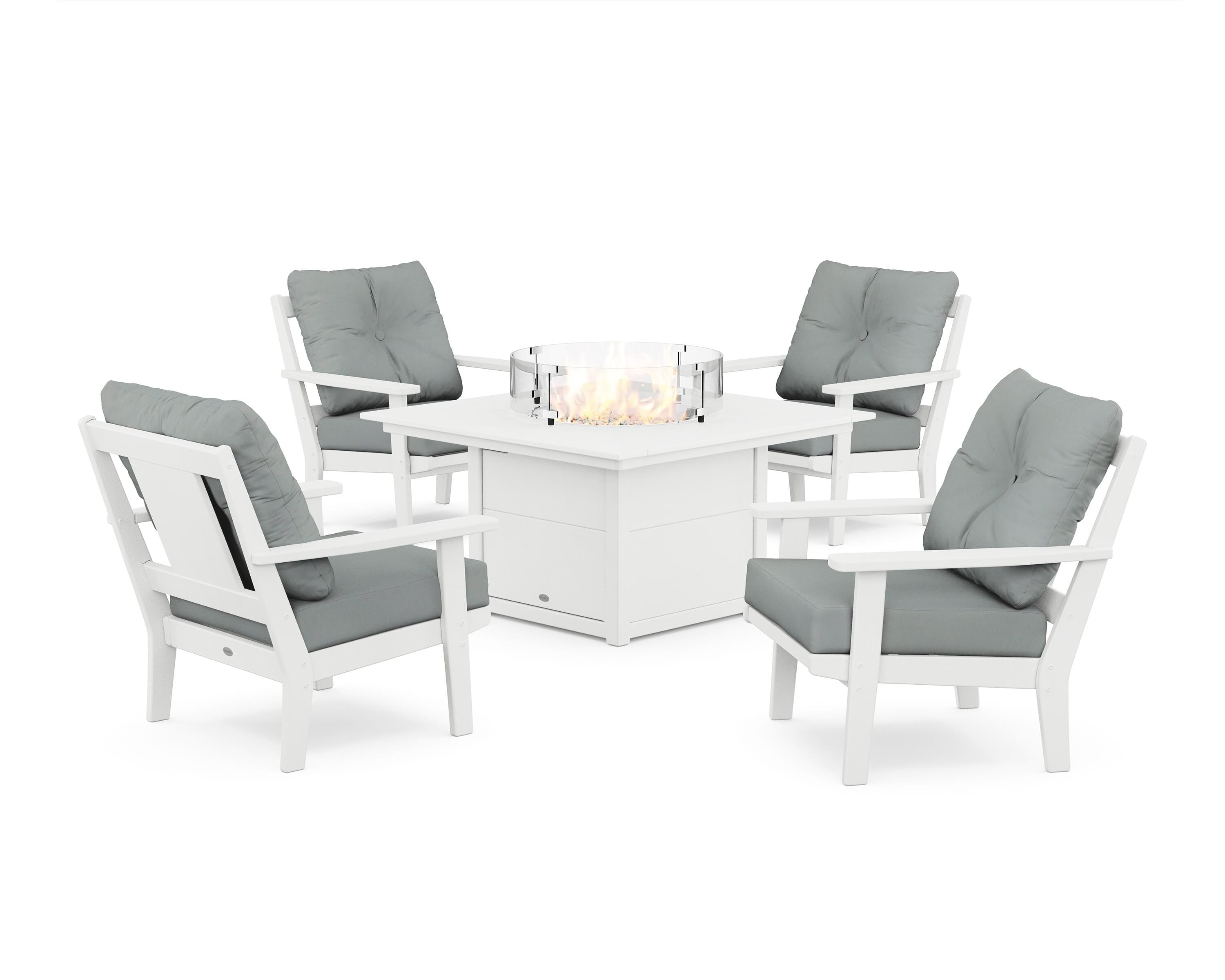 POLYWOOD Prairie 5-Piece Deep Seating Set with Fire Pit Table in White / Spa
