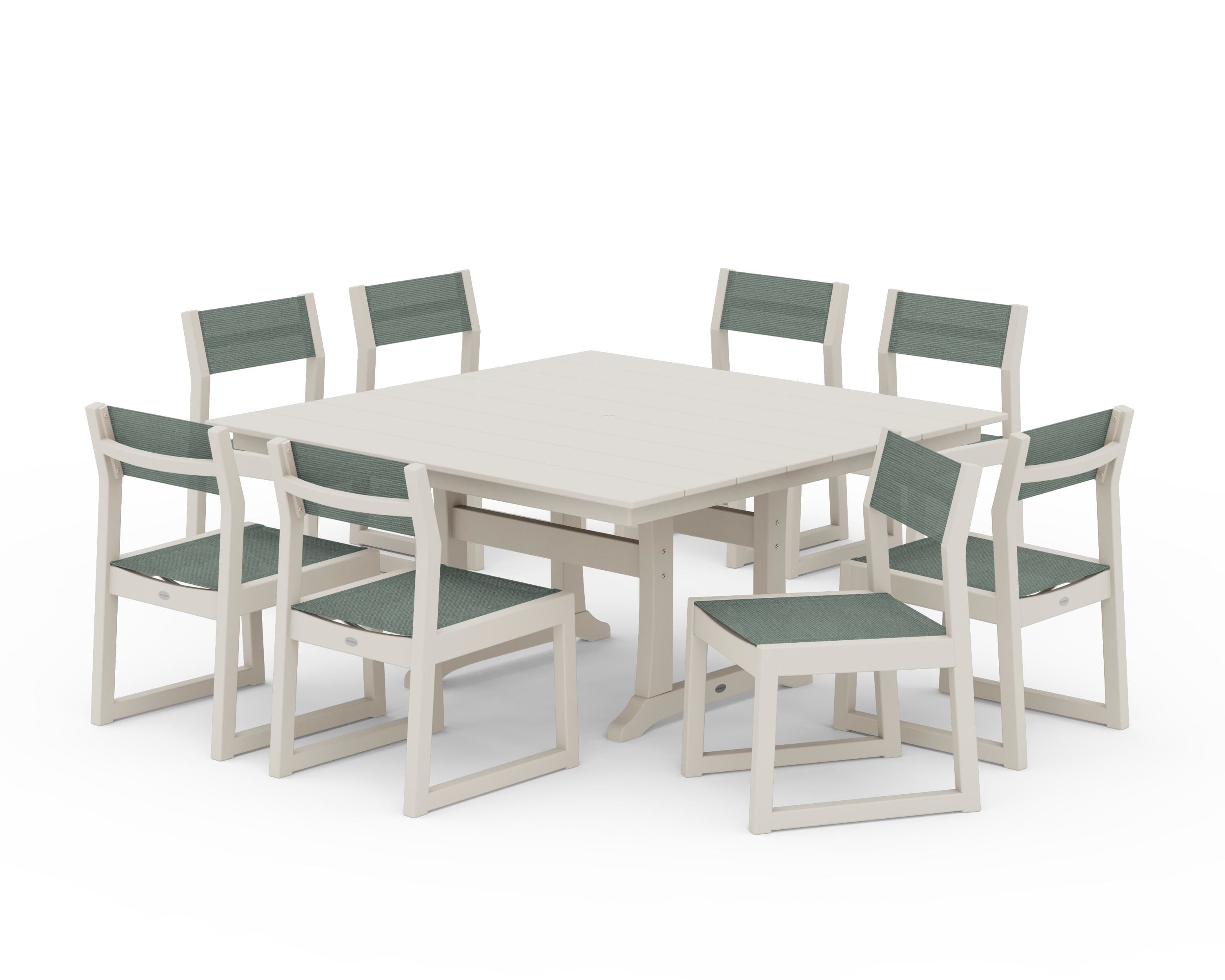 POLYWOOD EDGE Sling Side Chair 9-Piece Farmhouse Trestle Dining Set in Sand / Dupioni Sea Mist Sling
