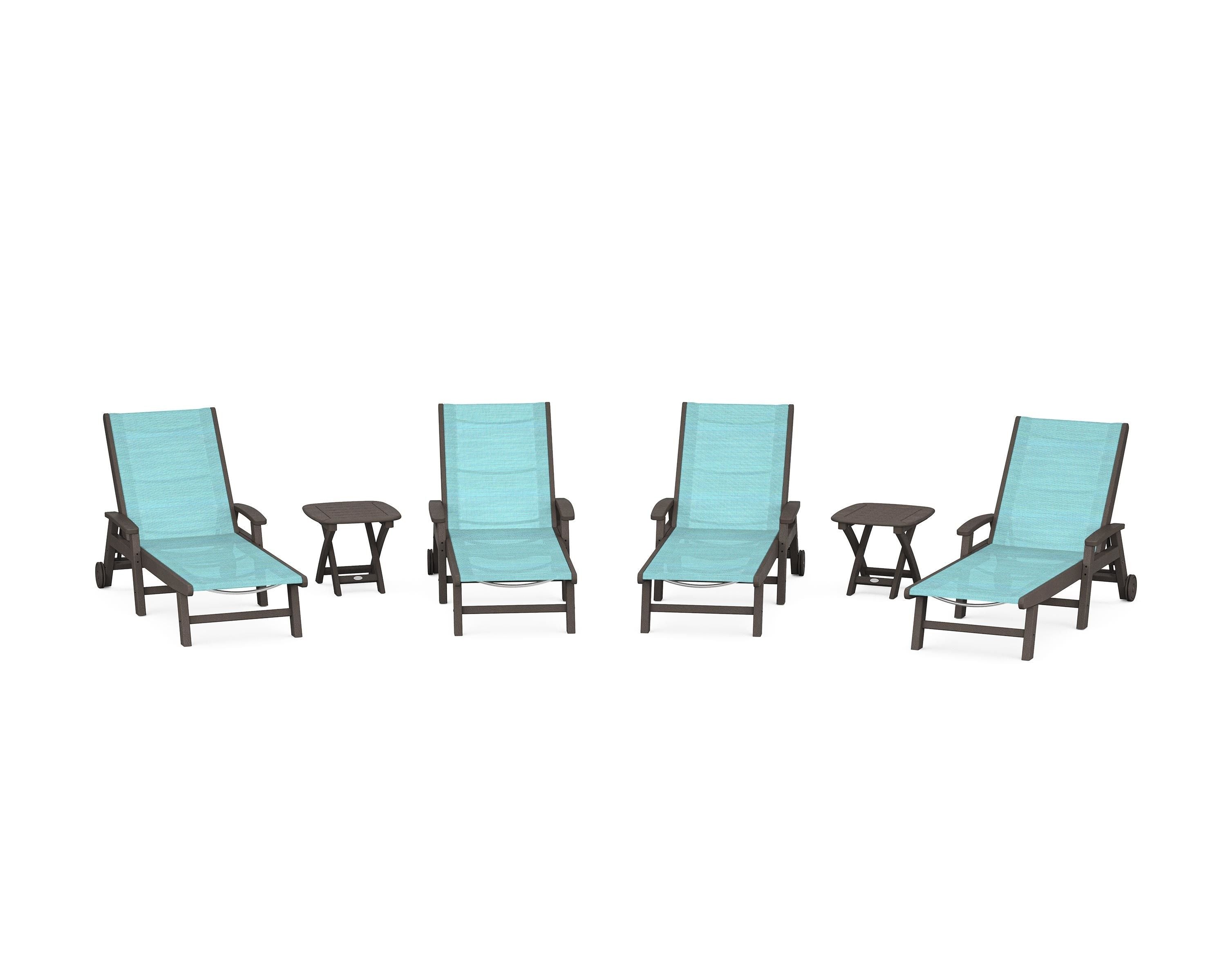 POLYWOOD Coastal Chaise 6-Piece Set with Wheels in Vintage Coffee / Dupioni Aquamarine Sling