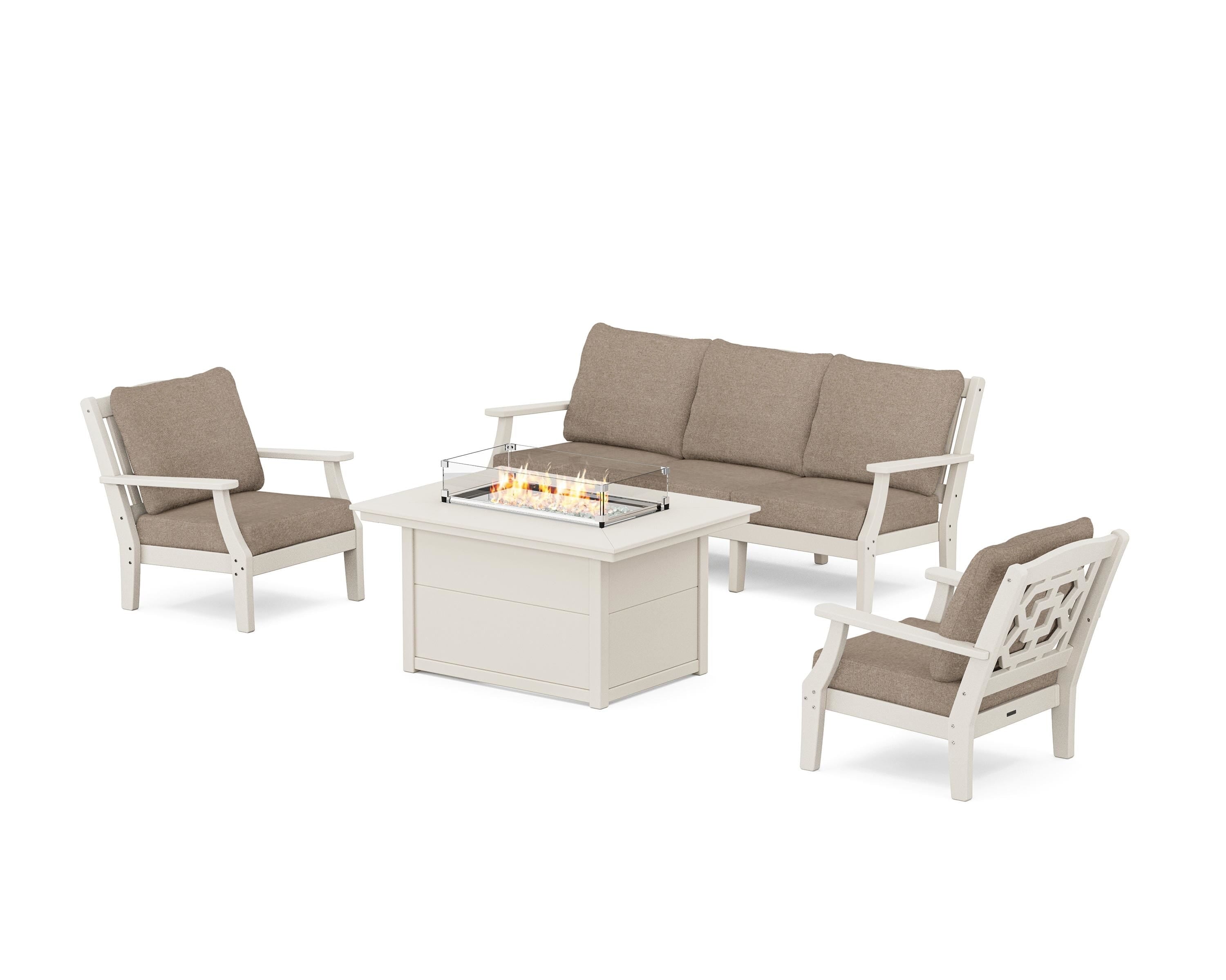 Martha Stewart by POLYWOOD Chinoiserie Deep Seating Fire Pit Table Set in Sand / Spiced Burlap