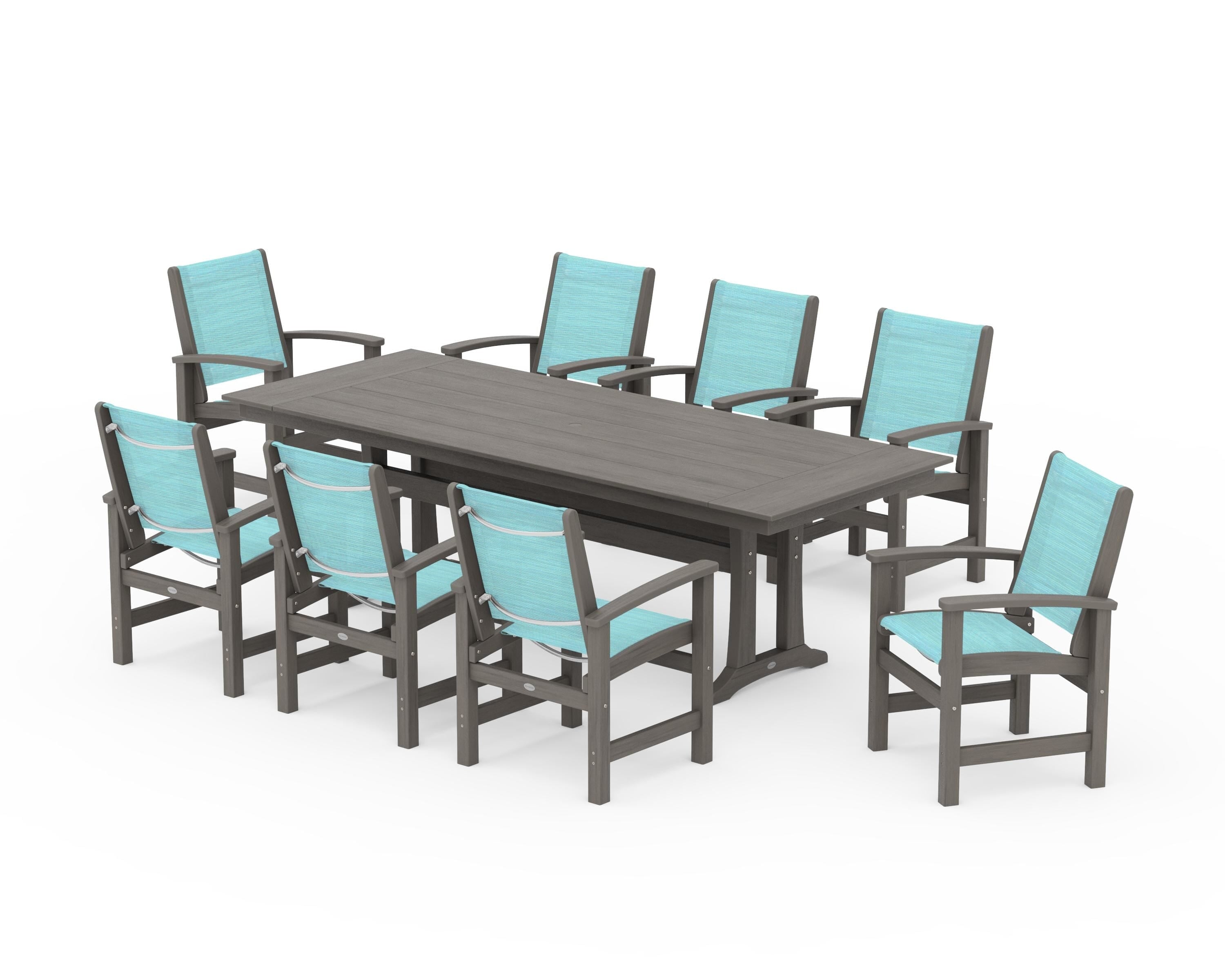 POLYWOOD Coastal 9-Piece Farmhouse Dining Set with Trestle Legs in Driftwood / Dupioni Aquamarine Sling