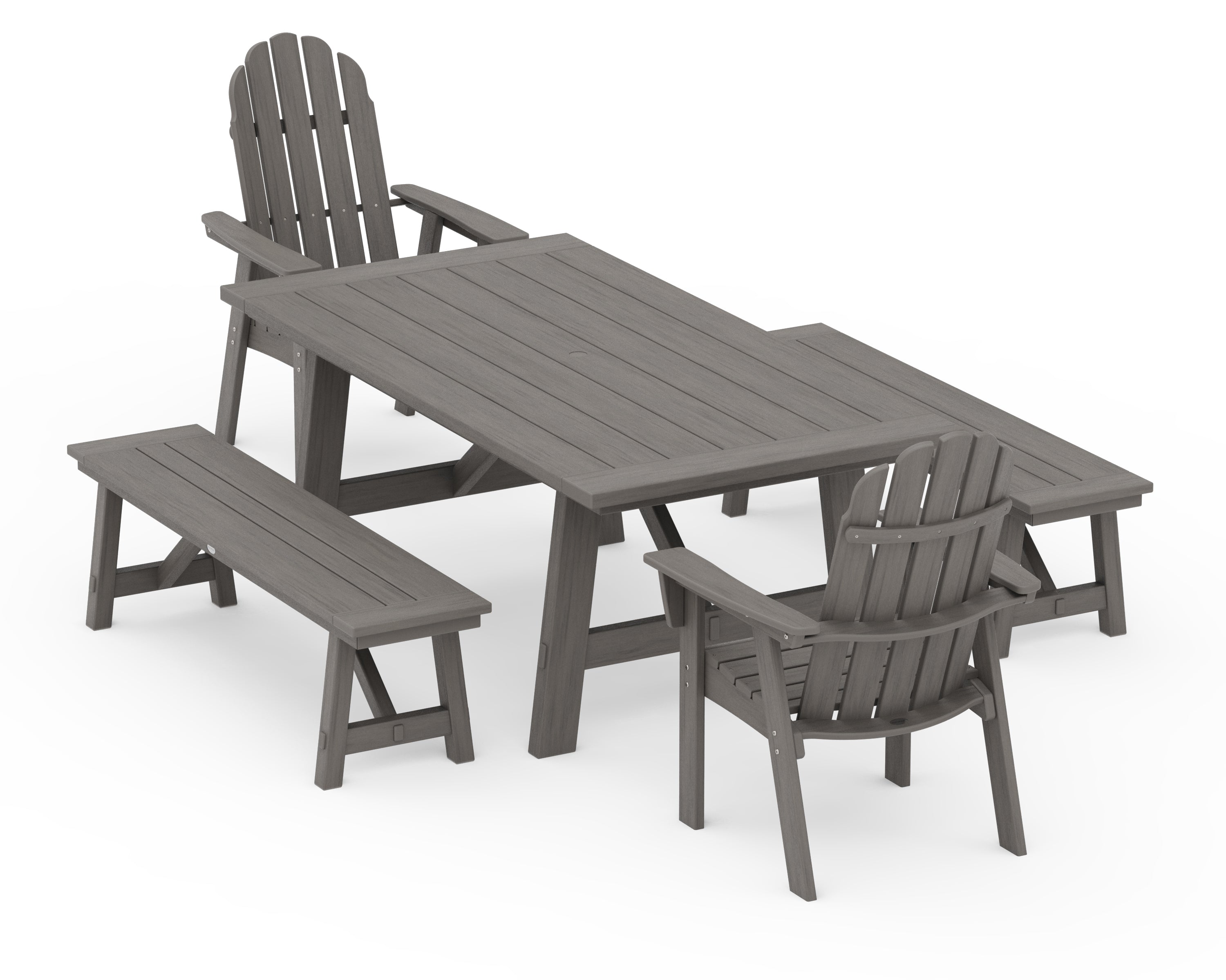 POLYWOOD Vineyard Curveback Adirondack 5-Piece Rustic Farmhouse Dining Set With Benches in Driftwood