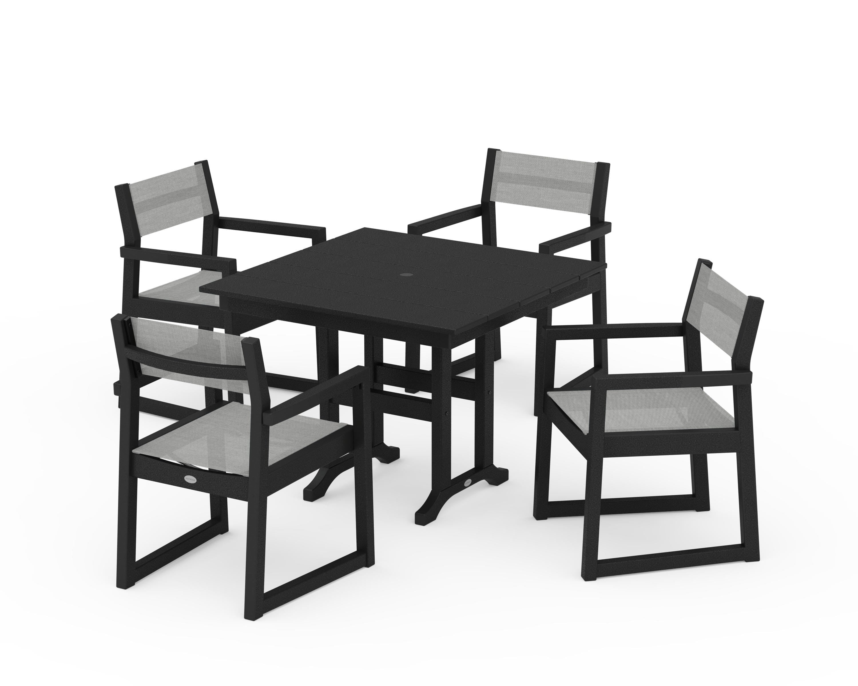 POLYWOOD EDGE Sling Arm Chair 5-Piece Farmhouse Dining Set in Black / Metallic Sling