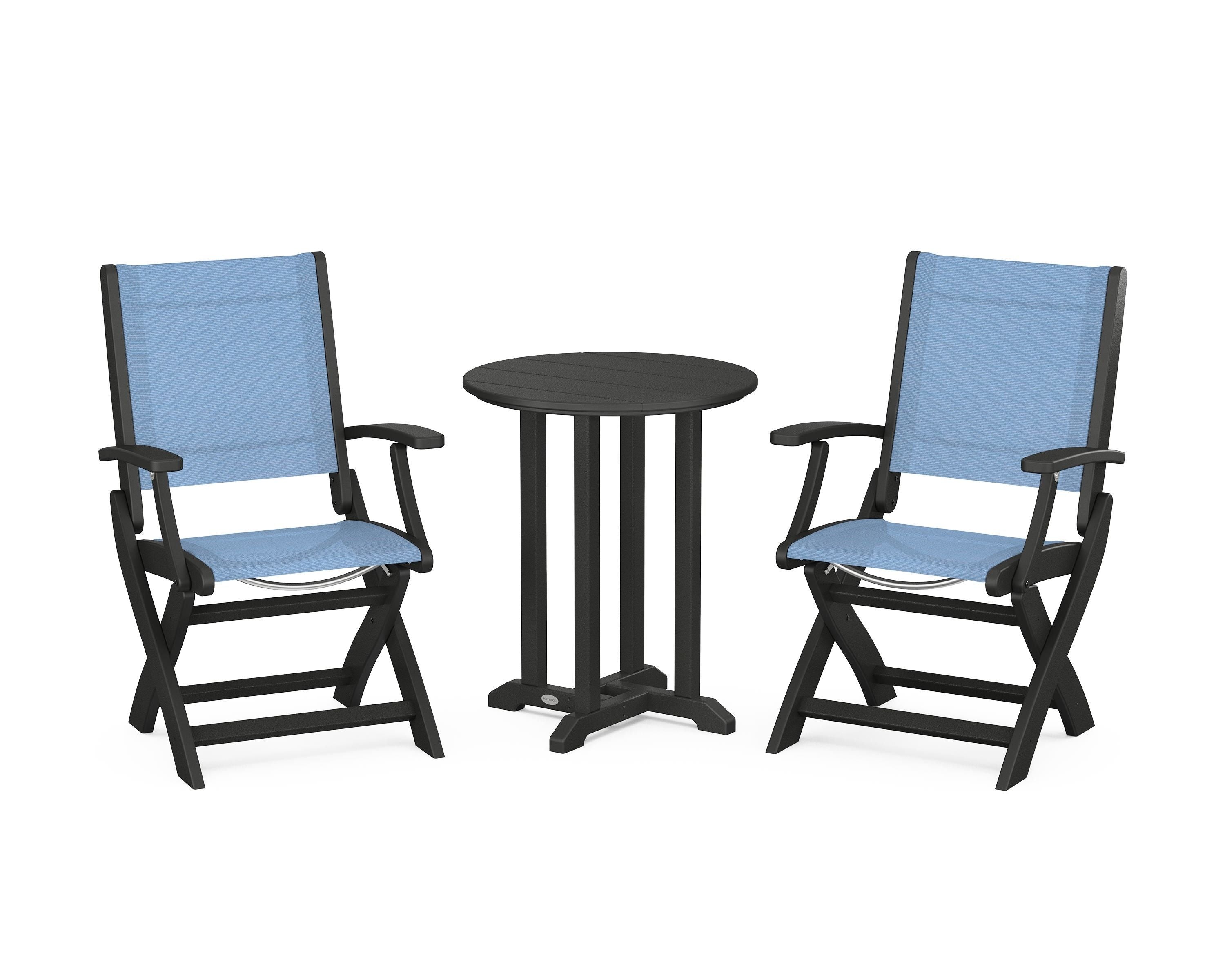 POLYWOOD Coastal Folding 3-Piece Round Bistro Dining Set in Black / Poolside Sling