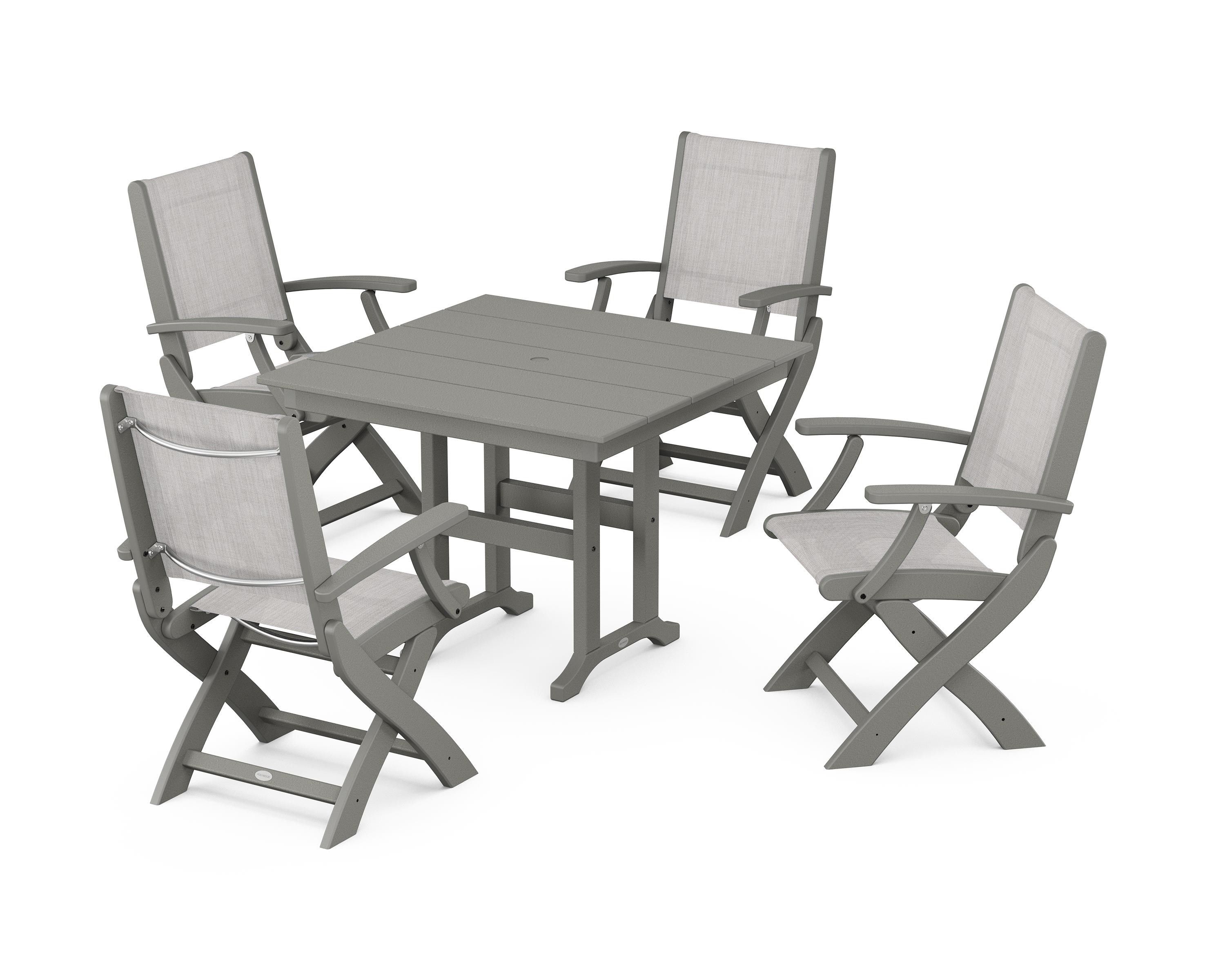 POLYWOOD Coastal Folding Chair 5-Piece Farmhouse Dining Set in Slate Grey / Parchment Sling