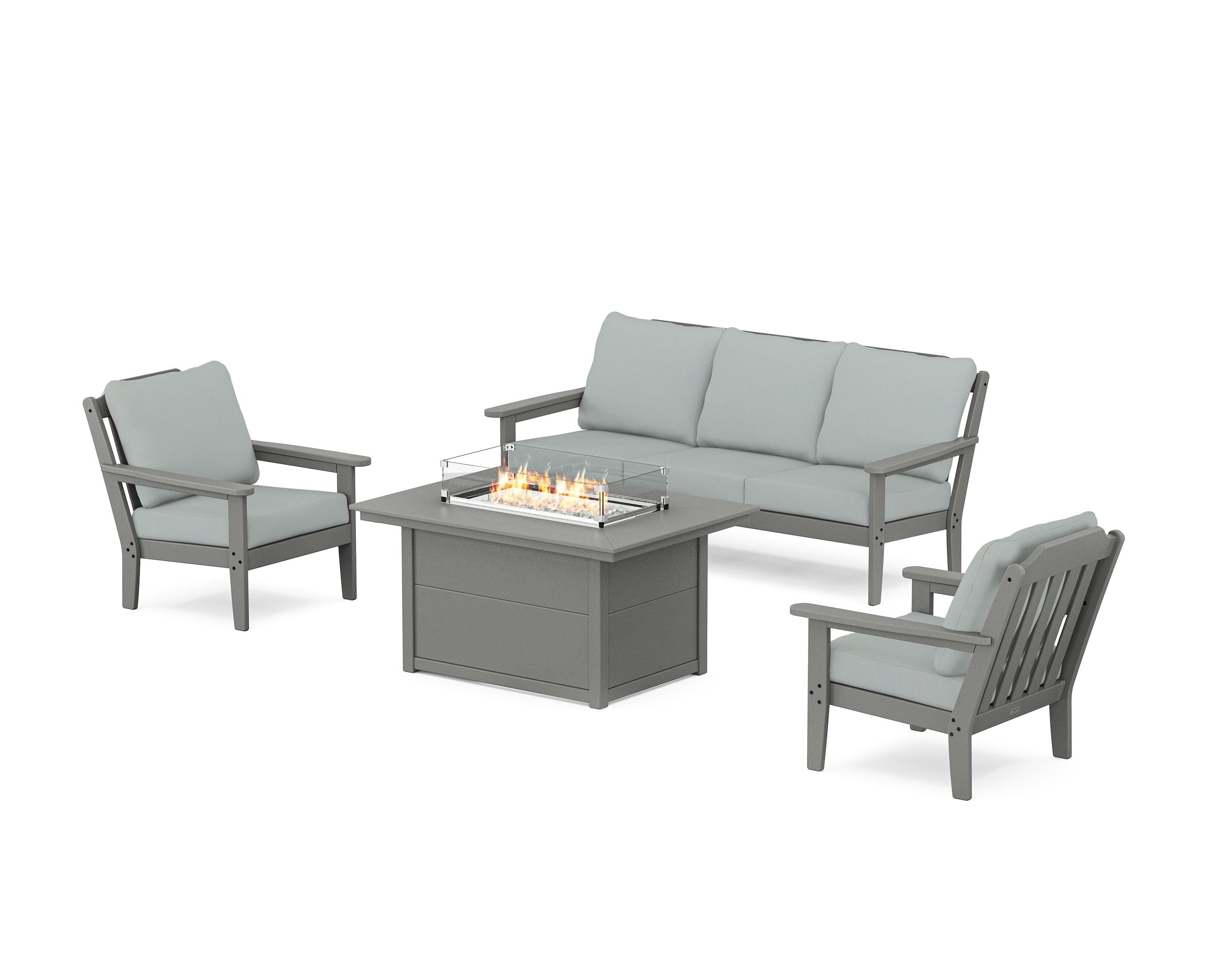 Country Living Cottage Deep Seating Fire Pit Table Set in Slate Grey / Spa