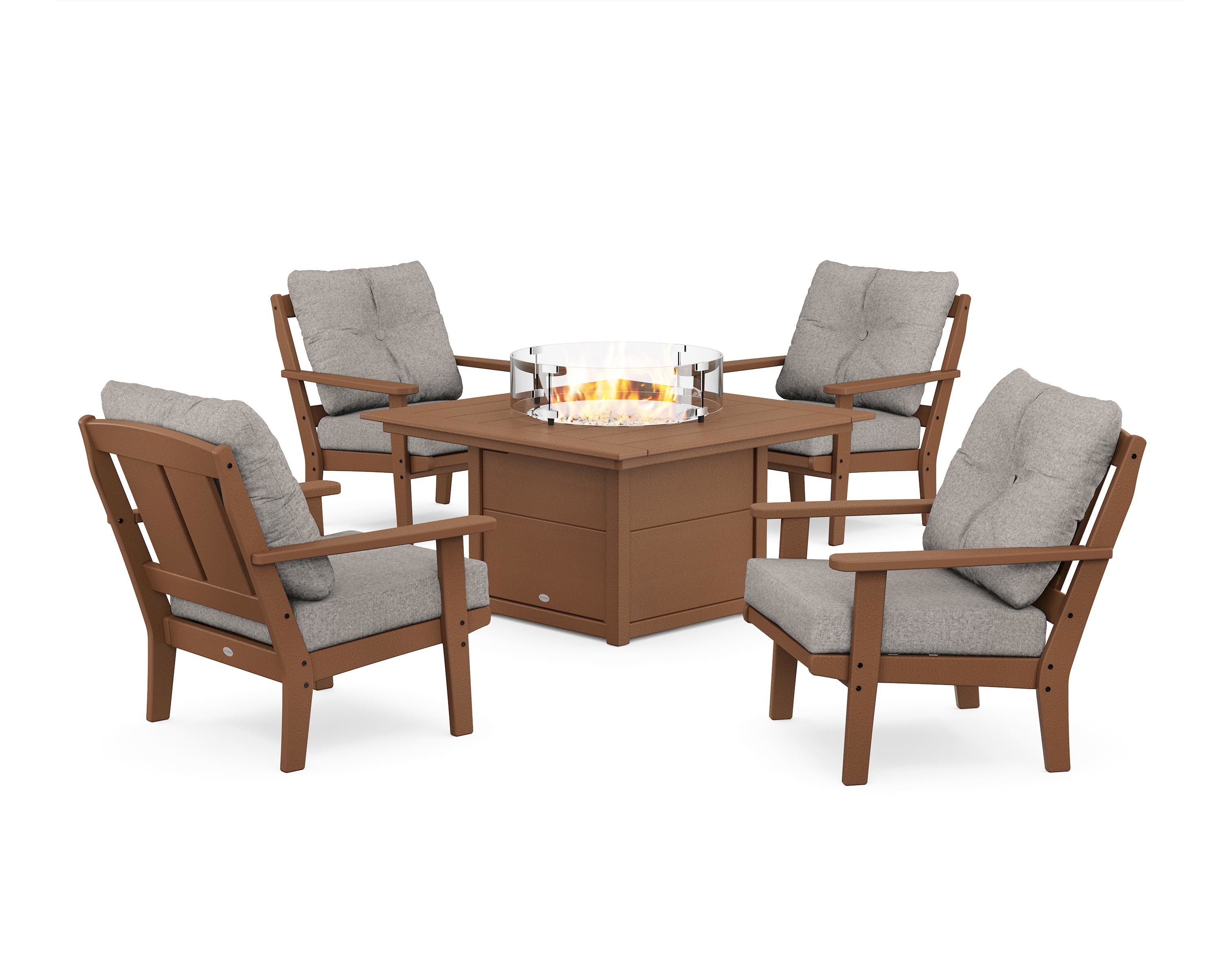 POLYWOOD Mission 5-Piece Deep Seating Set with Fire Pit Table in Teak / Weathered Tweed