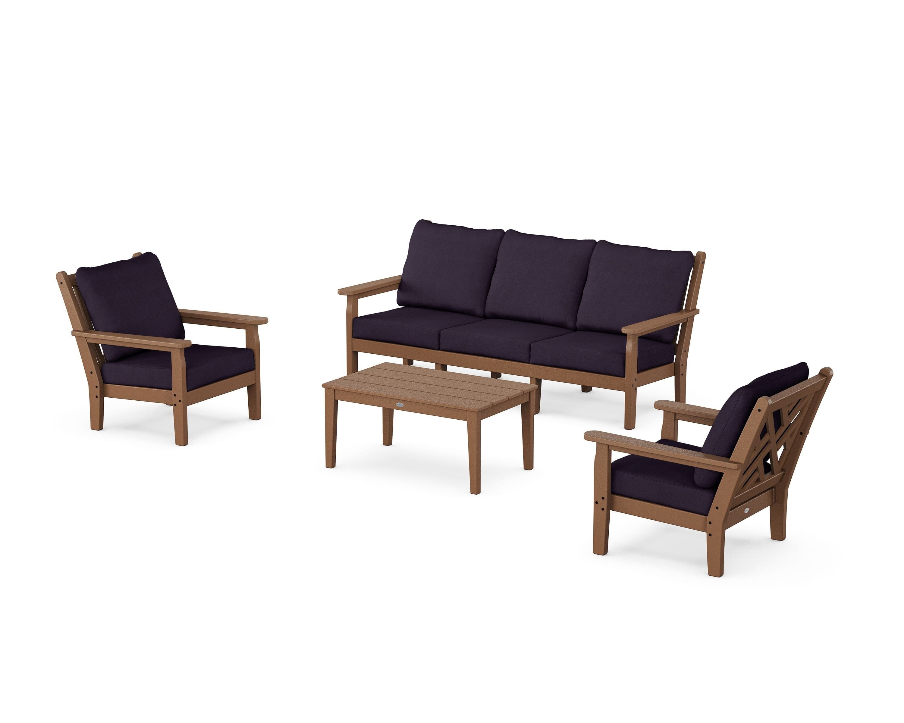 POLYWOOD Chippendale 4-Piece Deep Seating Set with Sofa in Teak / Navy Linen