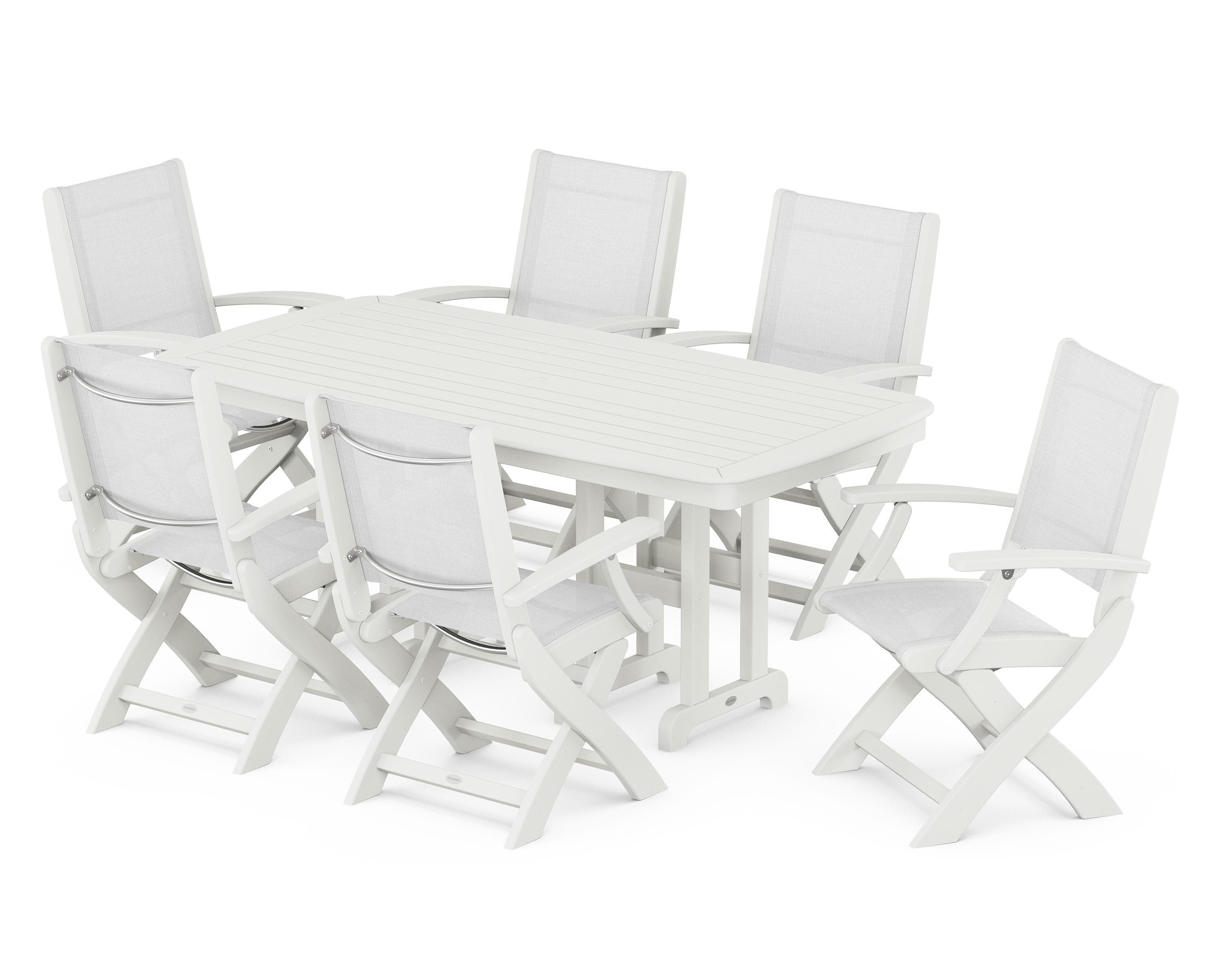POLYWOOD Coastal Folding Arm Chair 7-Piece Dining Set in Vintage White / White Sling