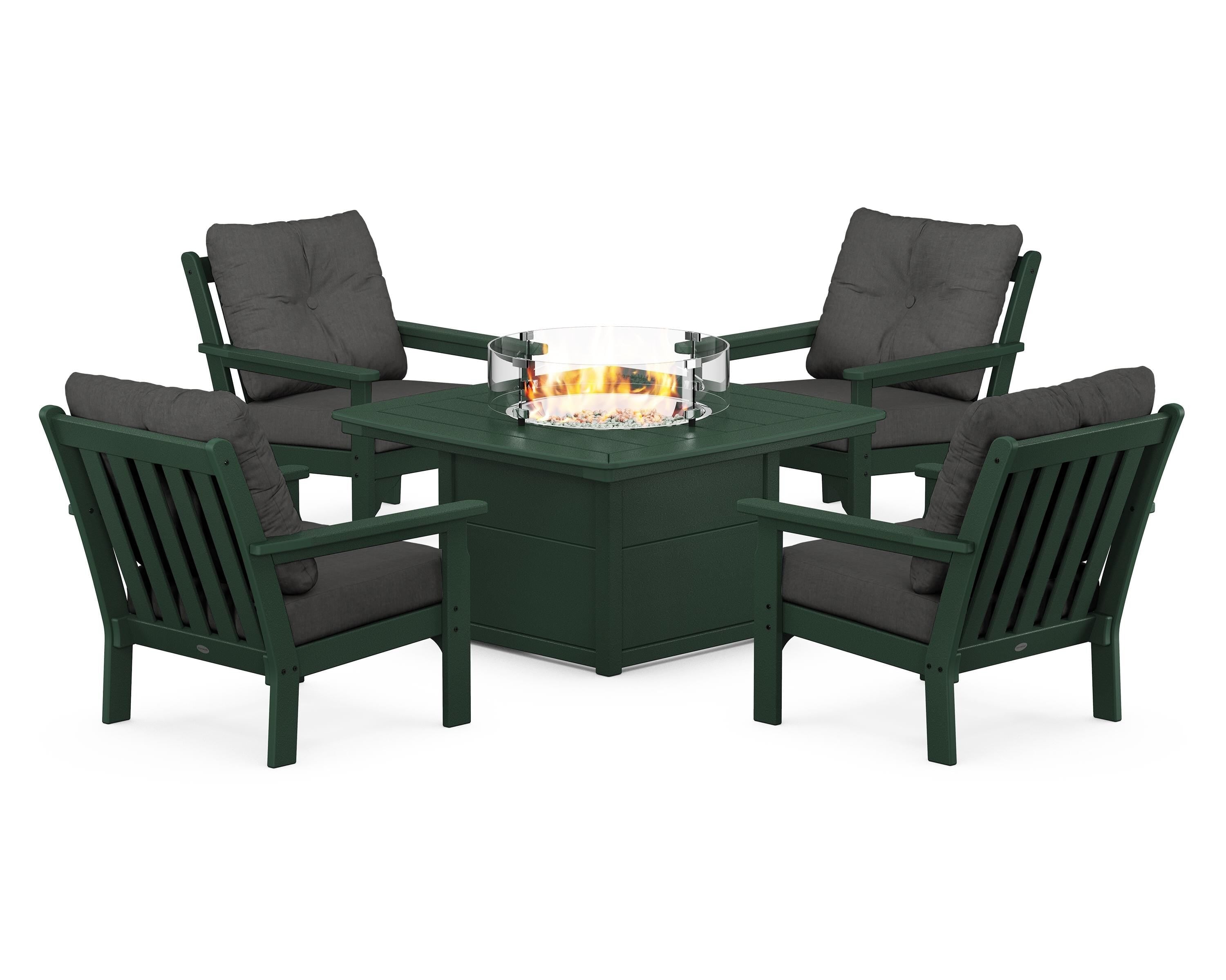POLYWOOD Vineyard 5-Piece Conversation Set with Fire Pit Table in Green / Spectrum Carbon