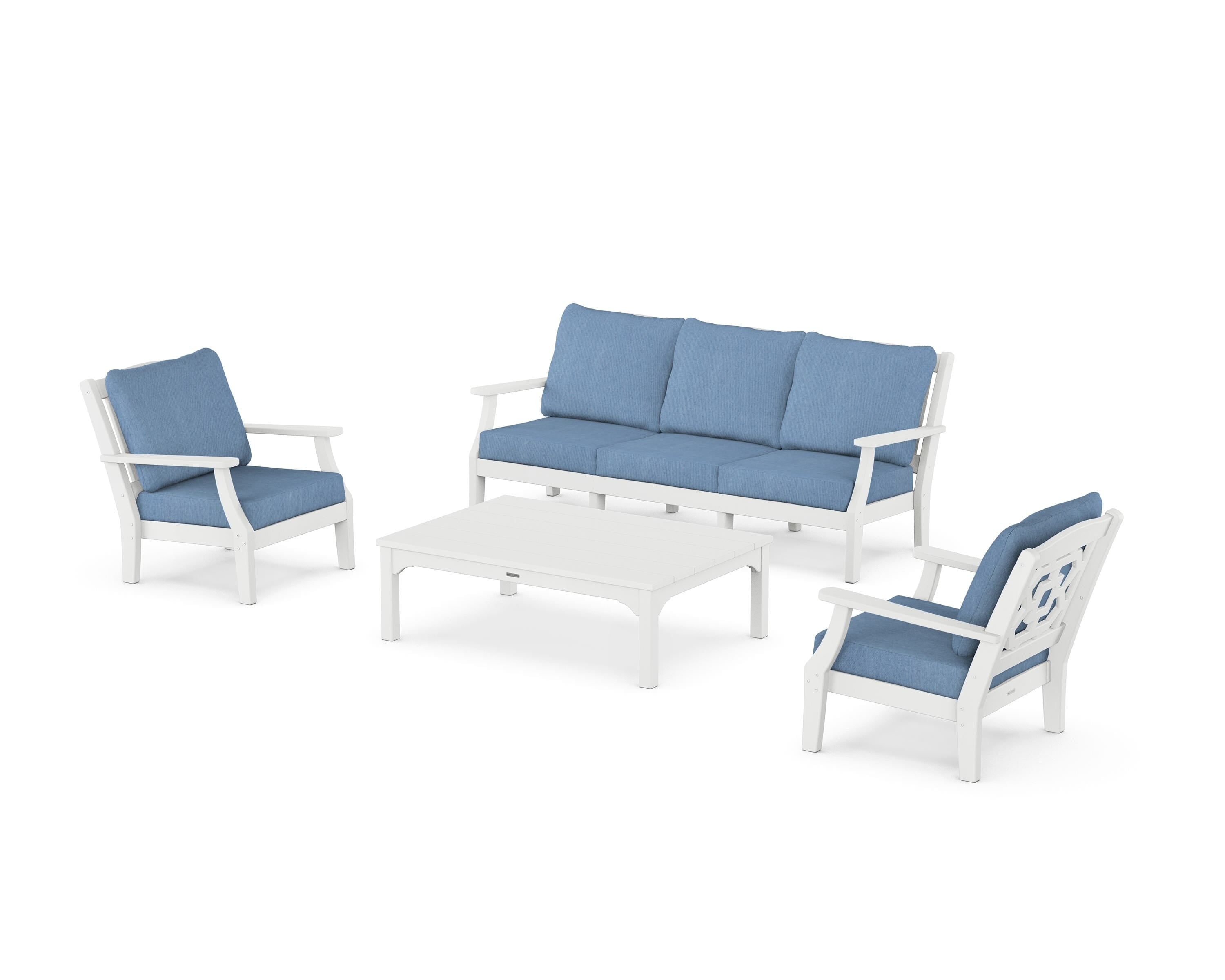 Martha Stewart by POLYWOOD Chinoiserie 4-Piece Deep Seating Set with Sofa in White / Sky Blue