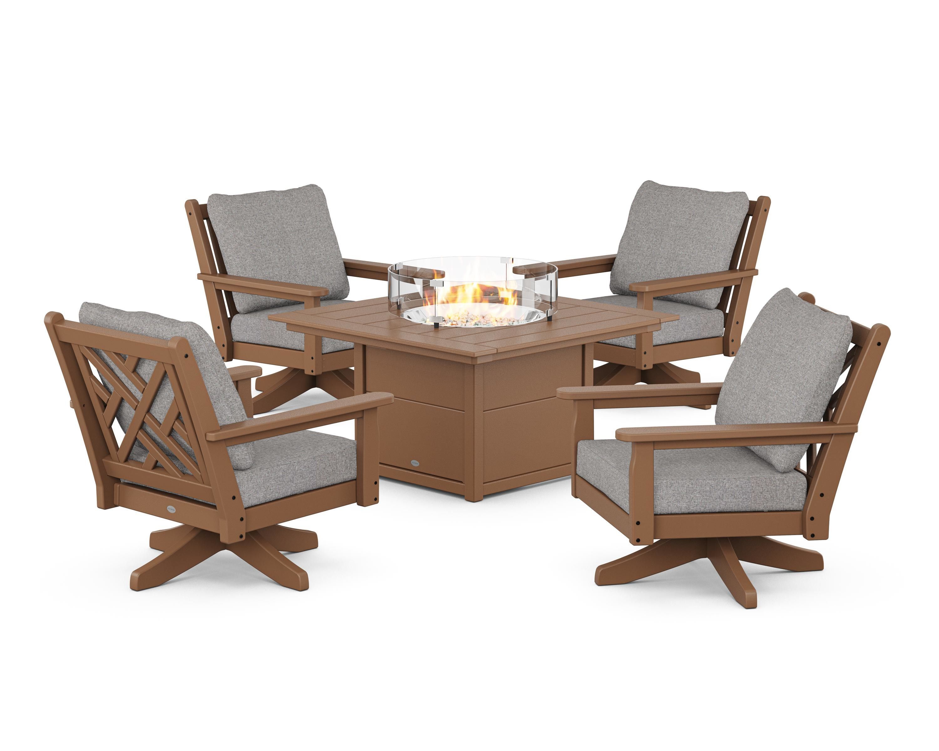 POLYWOOD Chippendale 5-Piece Deep Seating Swivel Conversation Set with Fire Pit Table in Teak / Grey Mist