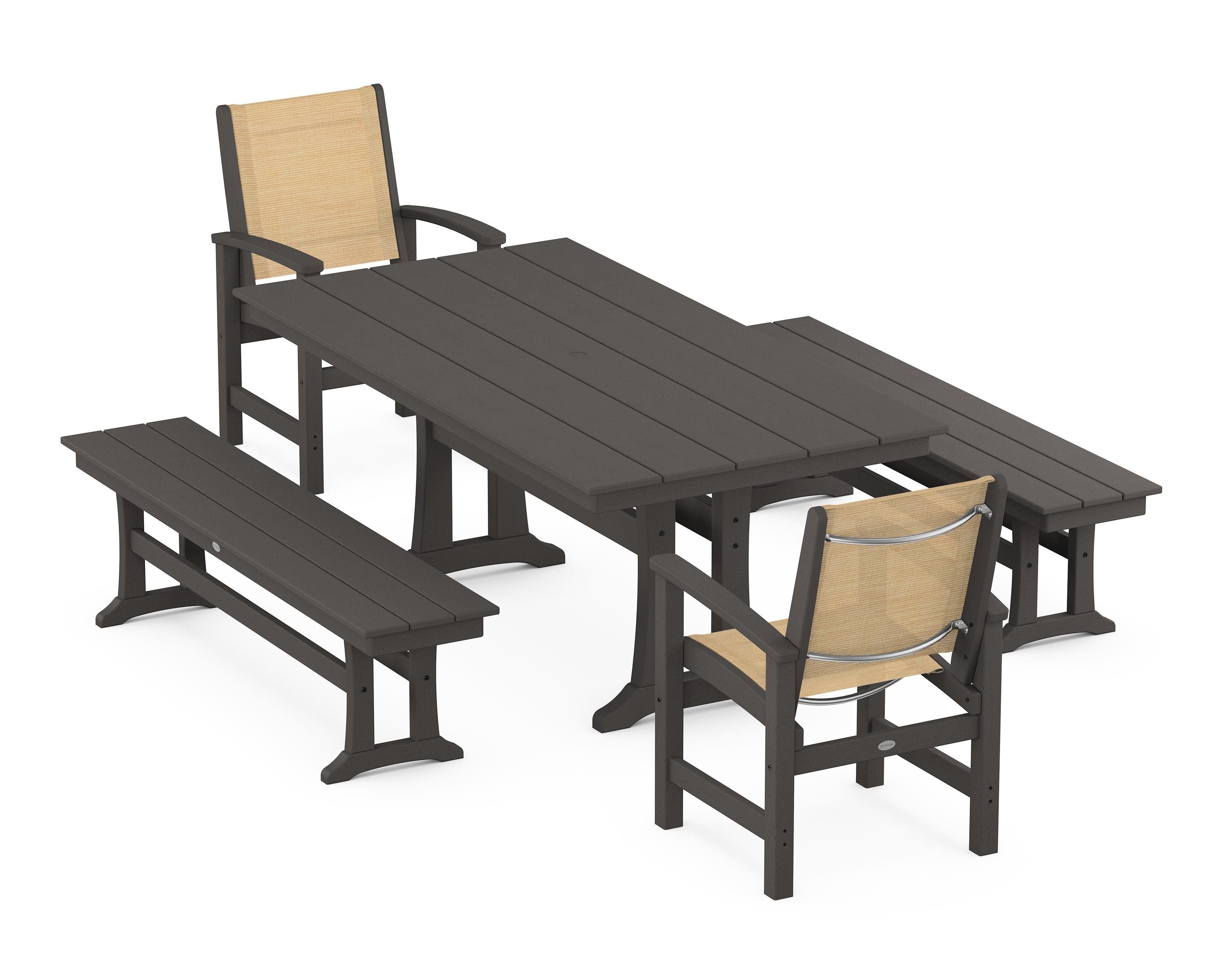 POLYWOOD Coastal 5-Piece Farmhouse Dining Set with Trestle Legs and Benches in Vintage Coffee / Dupioni Apricot Sling