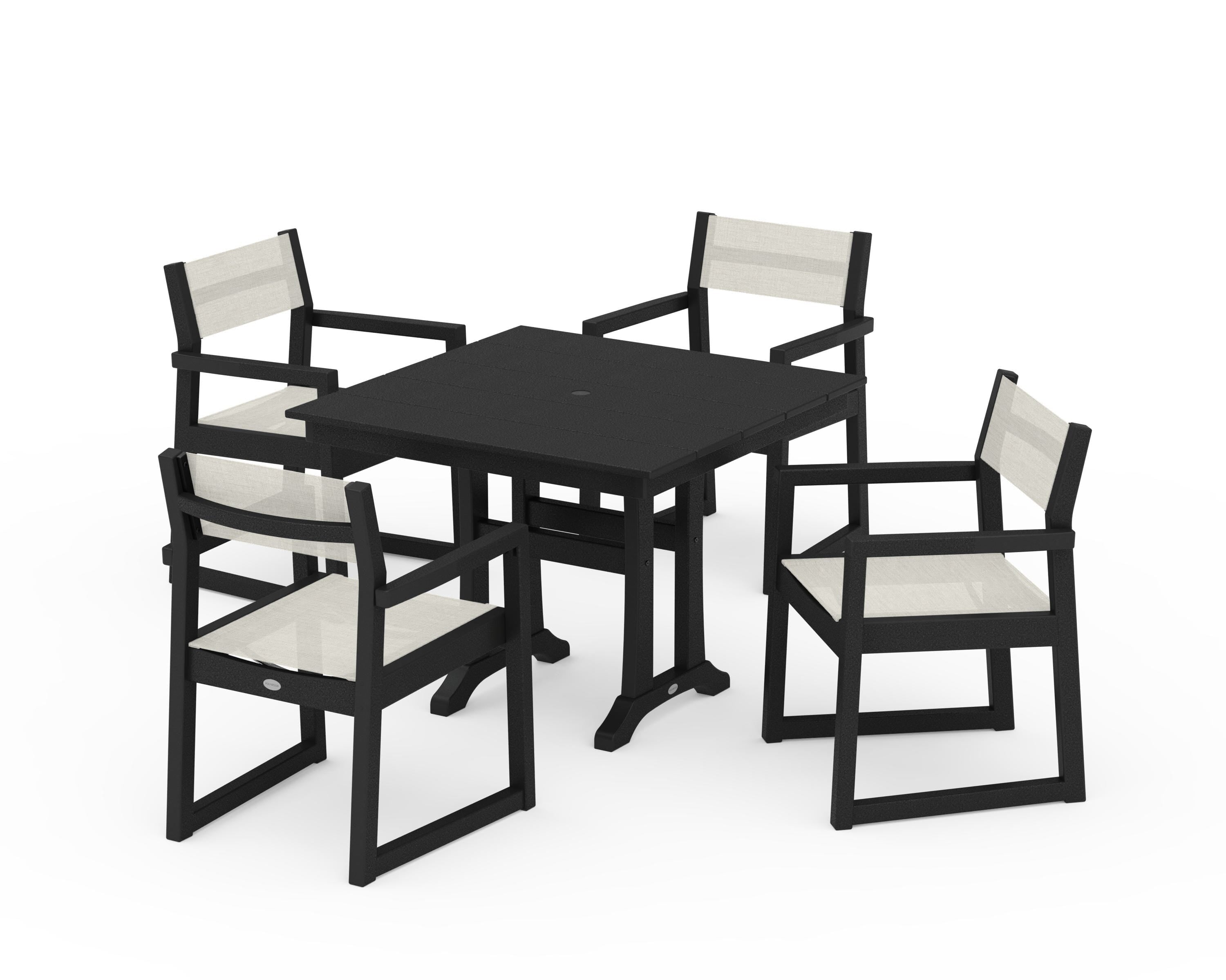 POLYWOOD EDGE Sling 5-Piece Farmhouse Dining Set with Trestle Legs in Black / Parchment Sling