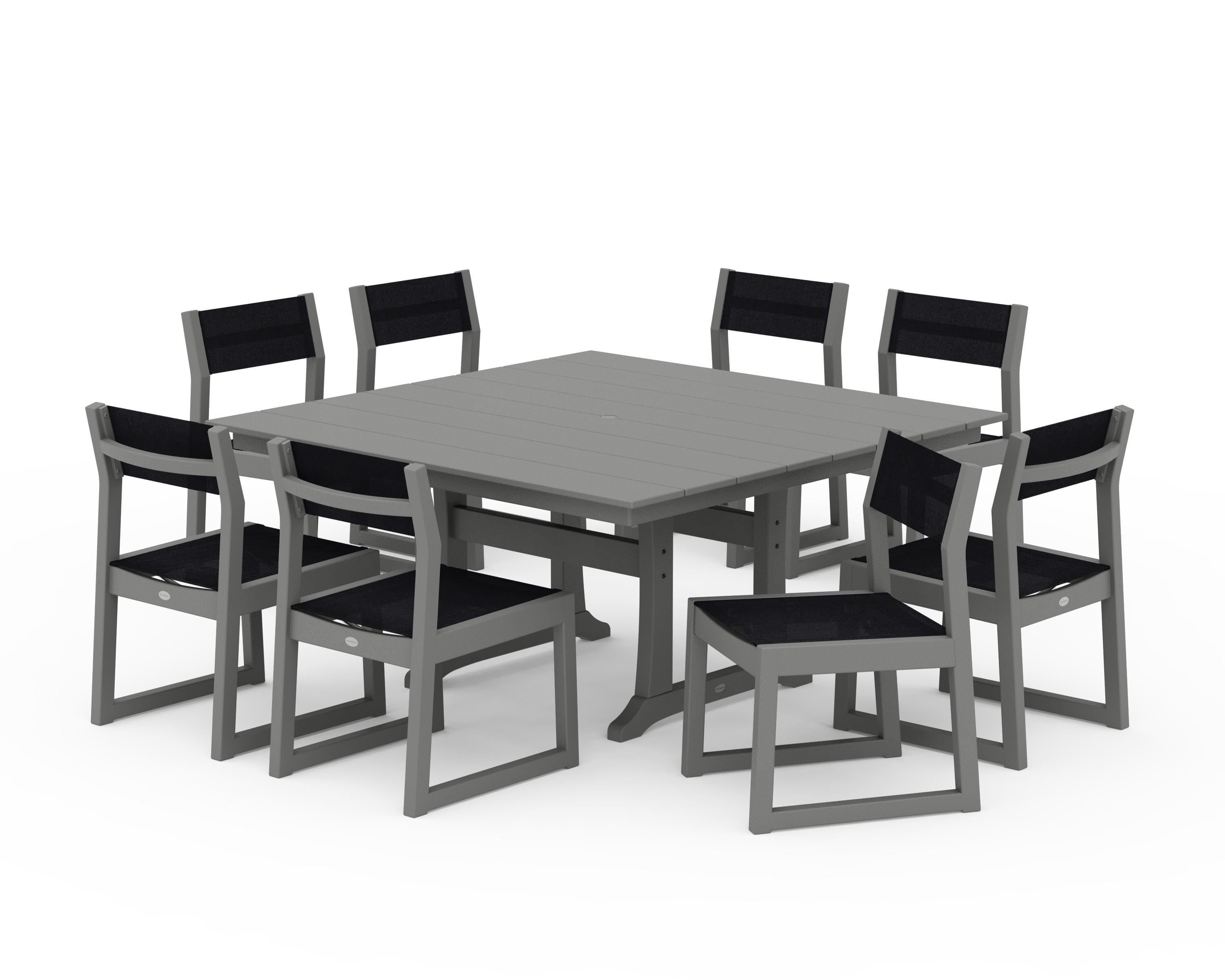 POLYWOOD EDGE Sling Side Chair 9-Piece Farmhouse Trestle Dining Set in Slate Grey / Black Sling