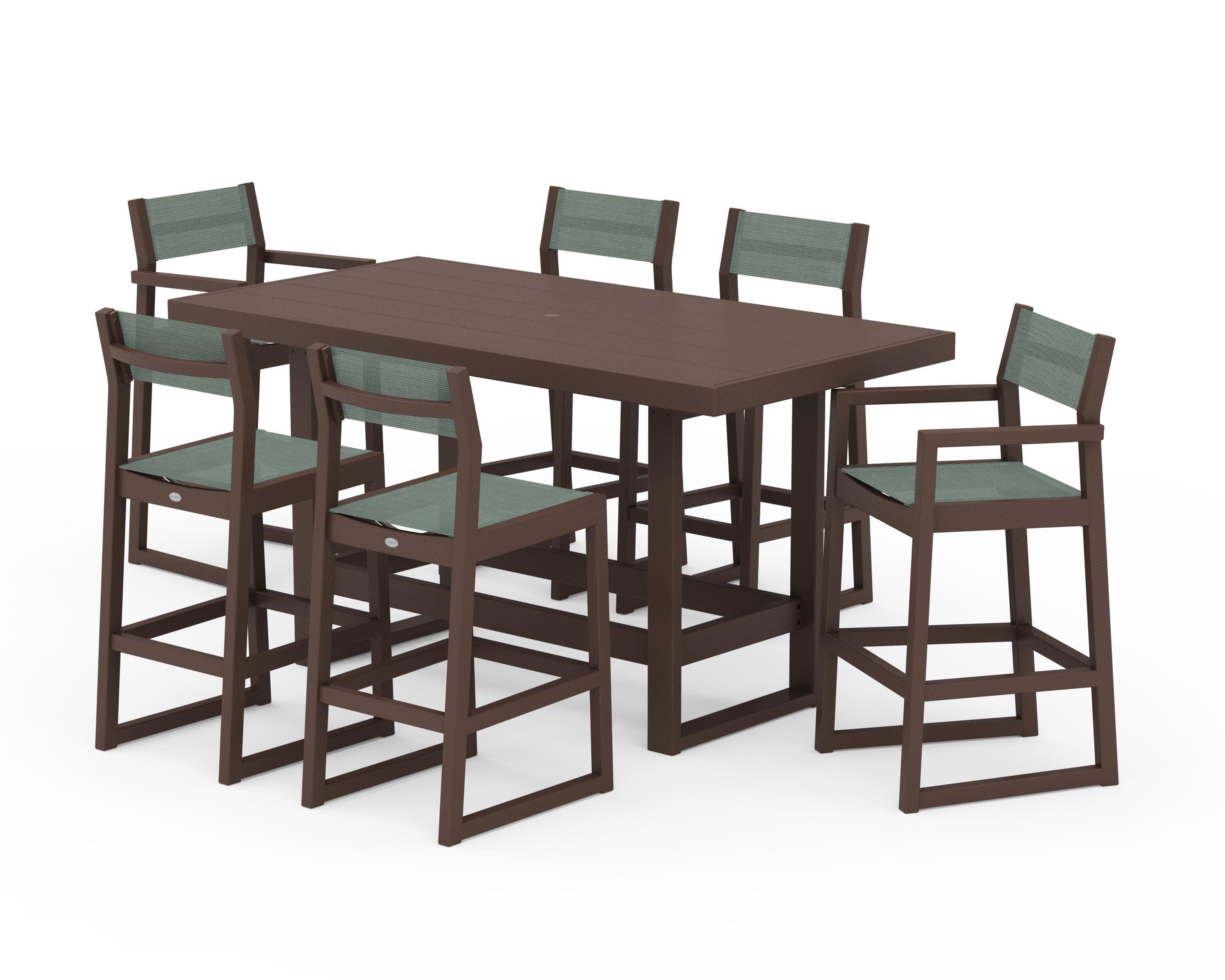 POLYWOOD EDGE Sling 7-Piece Bar Table Set in Mahogany / Dupioni Sea Mist Sling