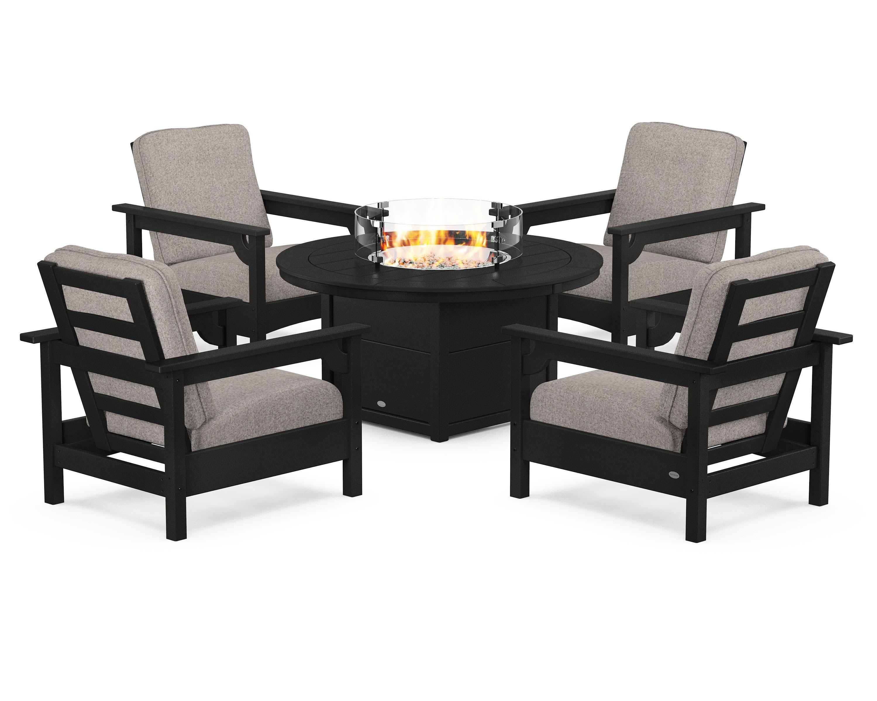 POLYWOOD Club 5-Piece Conversation Set with Fire Pit Table in Black / Weathered Tweed