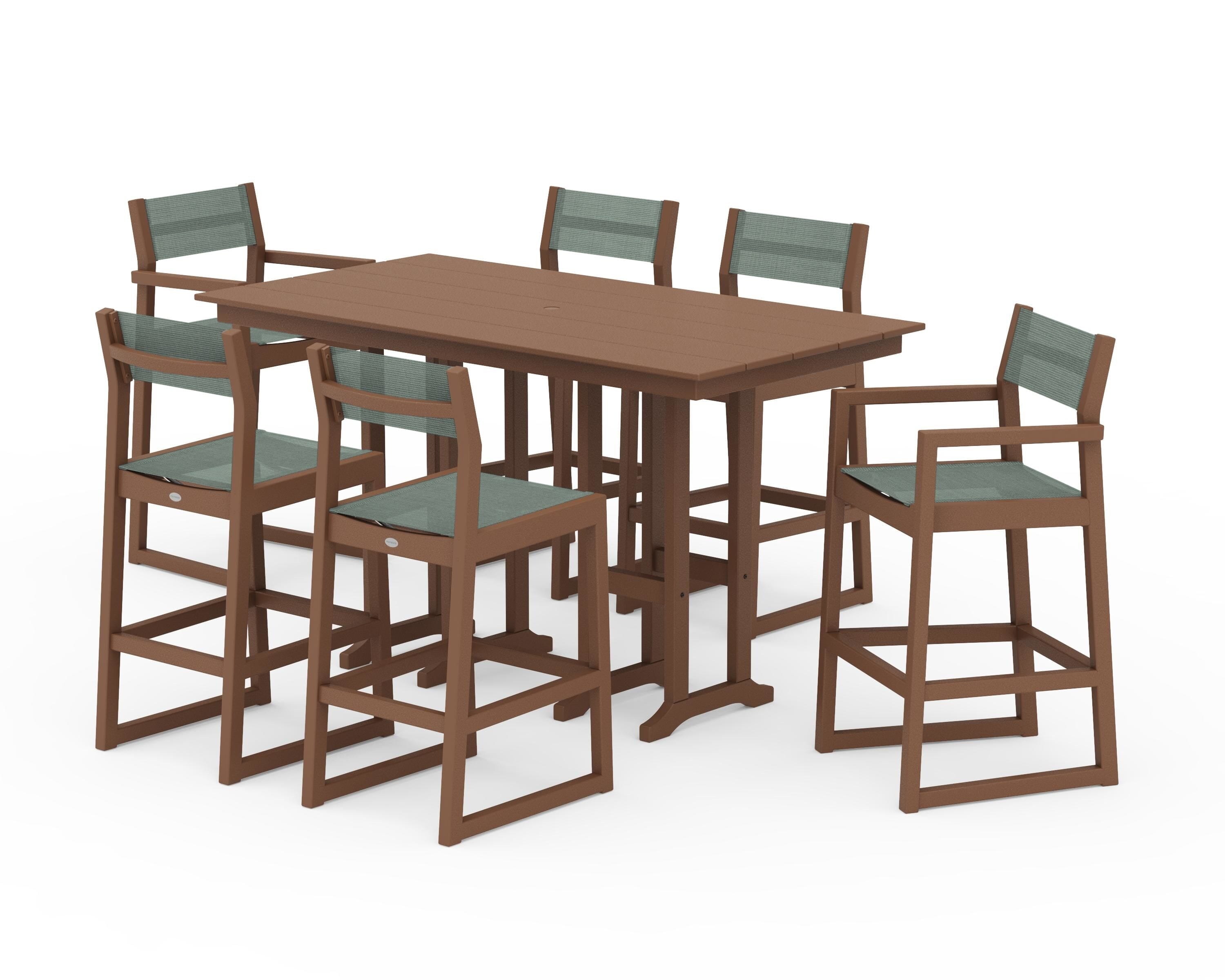 POLYWOOD EDGE Sling 7-Piece Farmhouse Bar Set in Teak / Dupioni Sea Mist Sling