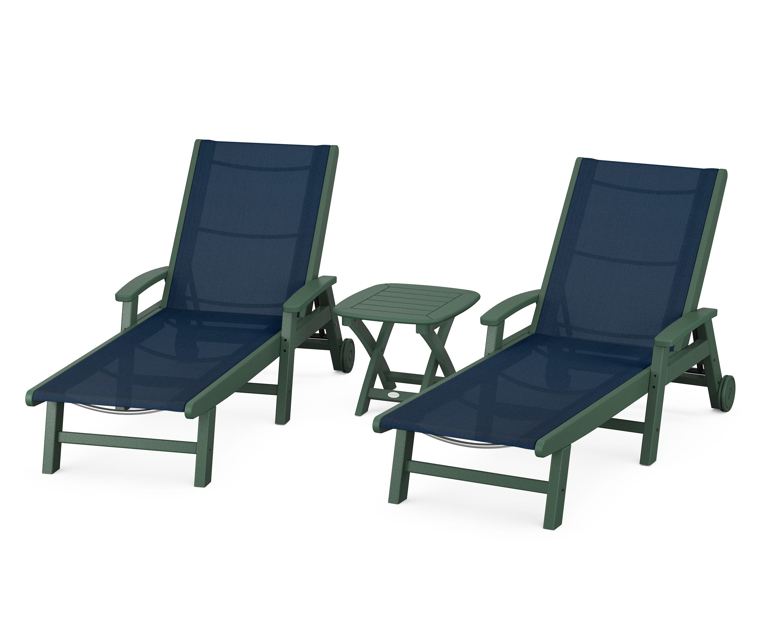 POLYWOOD Coastal 3-Piece Wheeled Chaise Set in Green / Navy Blue Sling