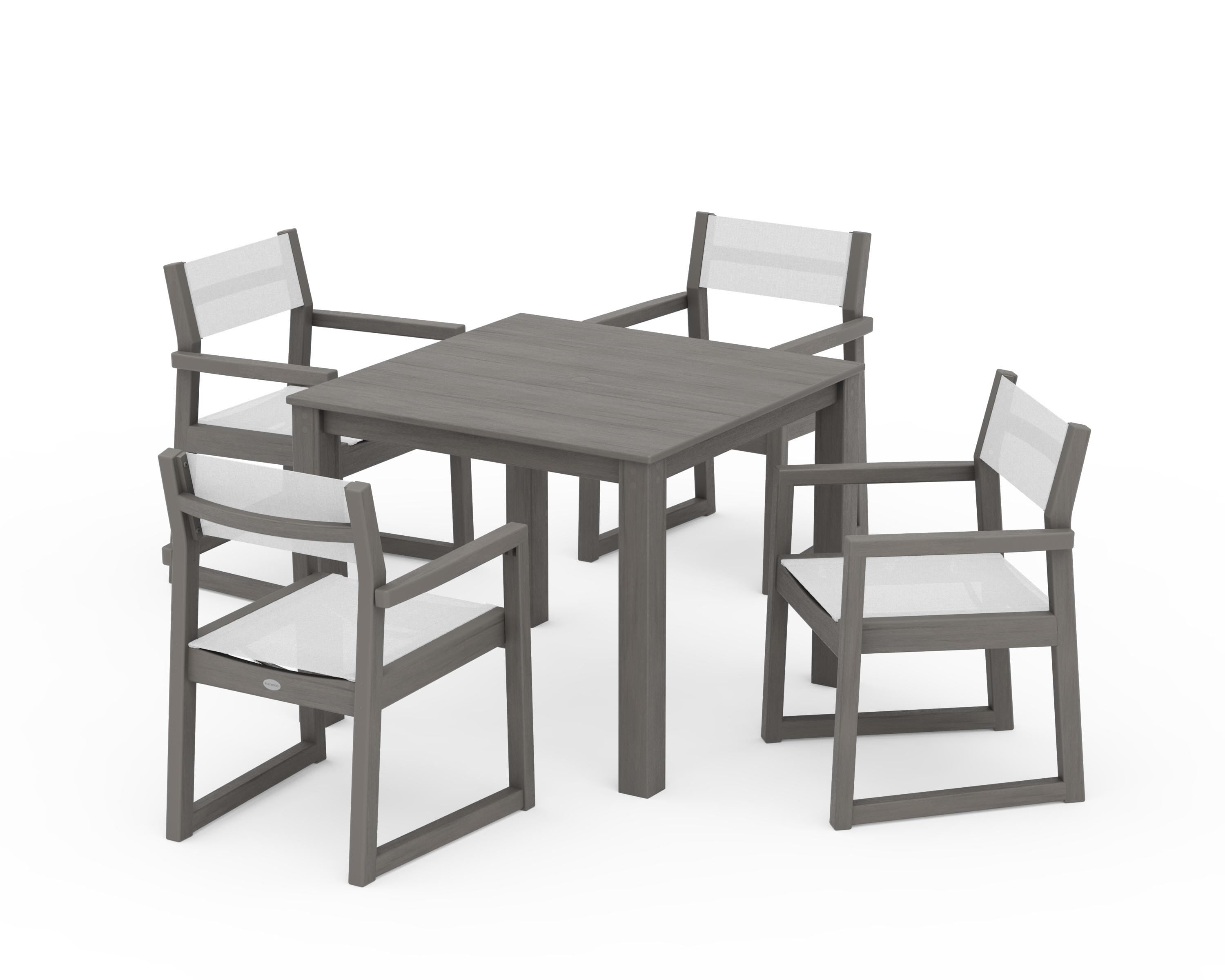 POLYWOOD EDGE Sling Arm Chair 5-Piece Parsons Dining Set in Driftwood / White Sling
