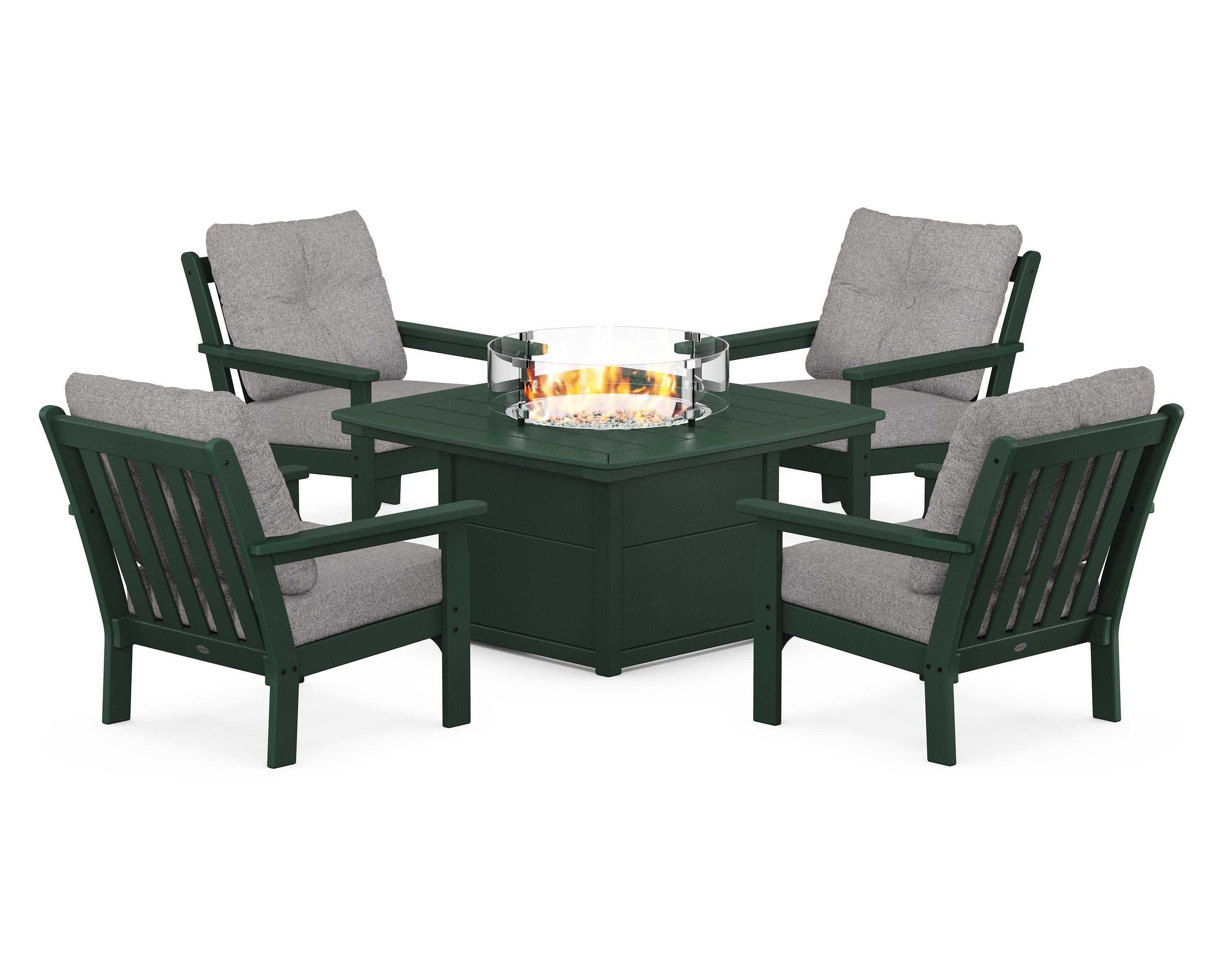 POLYWOOD Vineyard 5-Piece Conversation Set with Fire Pit Table in Green / Grey Mist