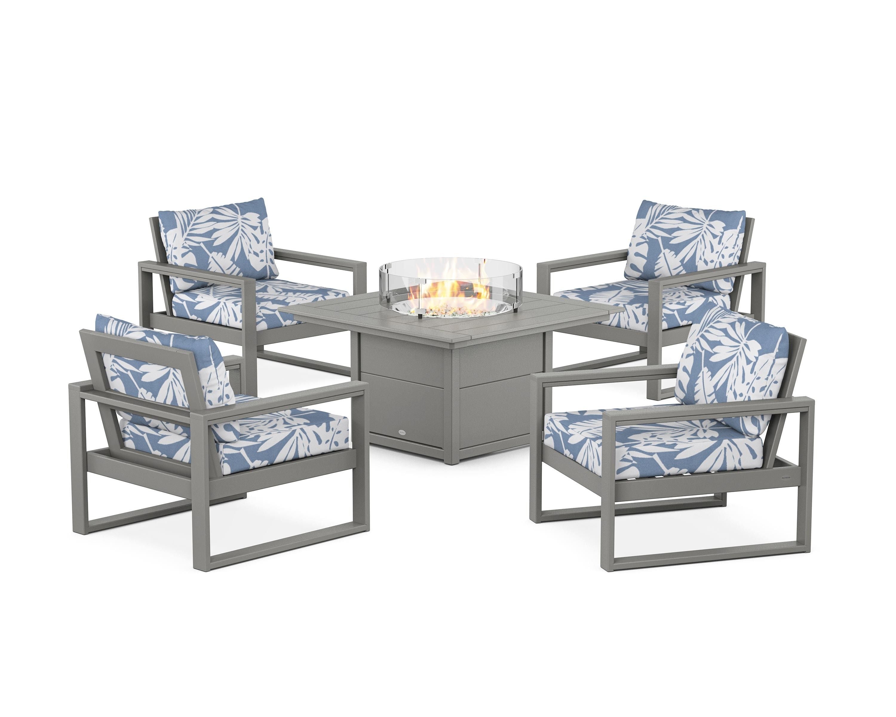 POLYWOOD EDGE Sectional 5-Piece Deep Seating Set with Fire Pit Table in Slate Grey / Leaf Sky Blue