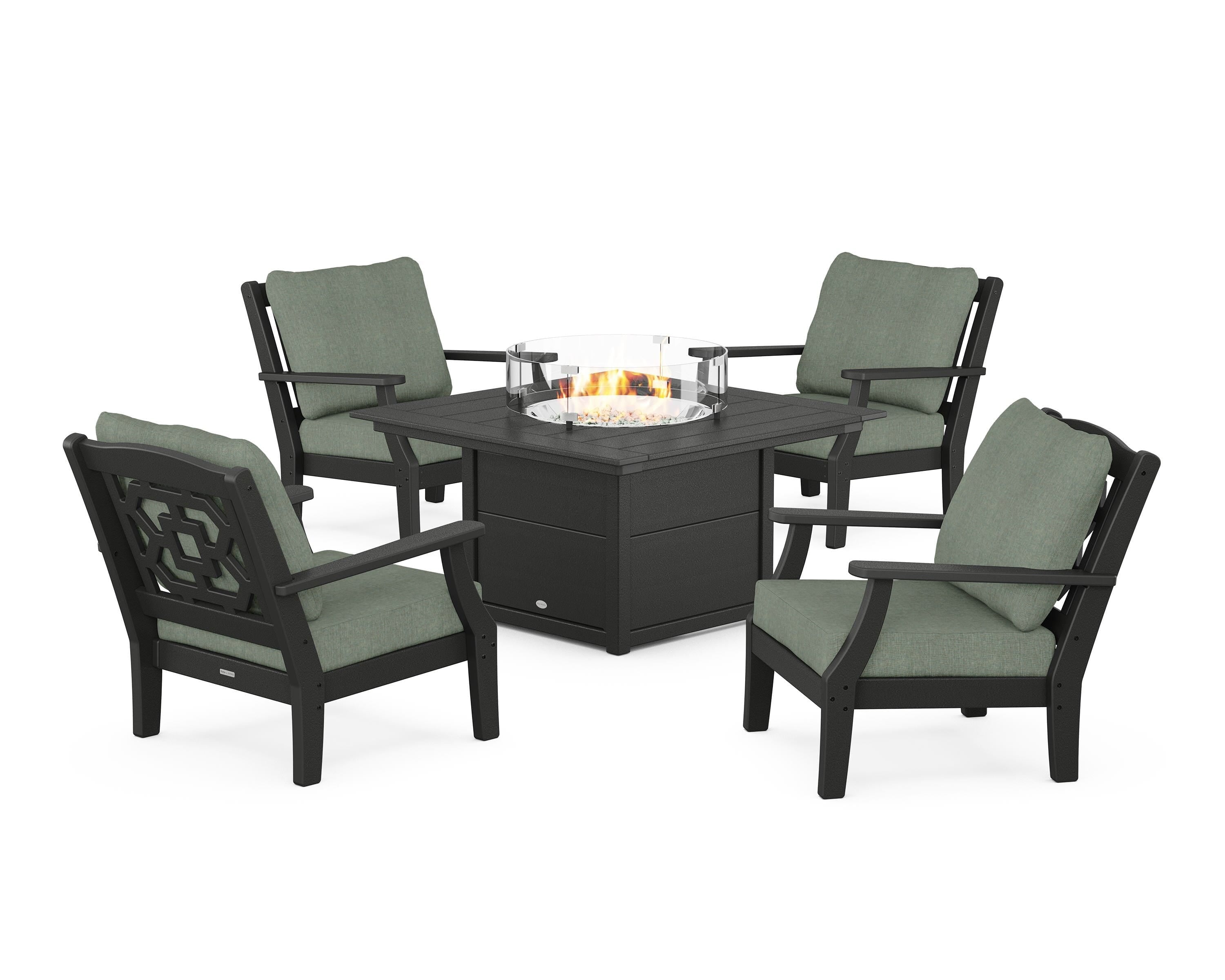 Martha Stewart by POLYWOOD Chinoiserie 5-Piece Deep Seating Set with Fire Pit Table in Black / Cast Sage