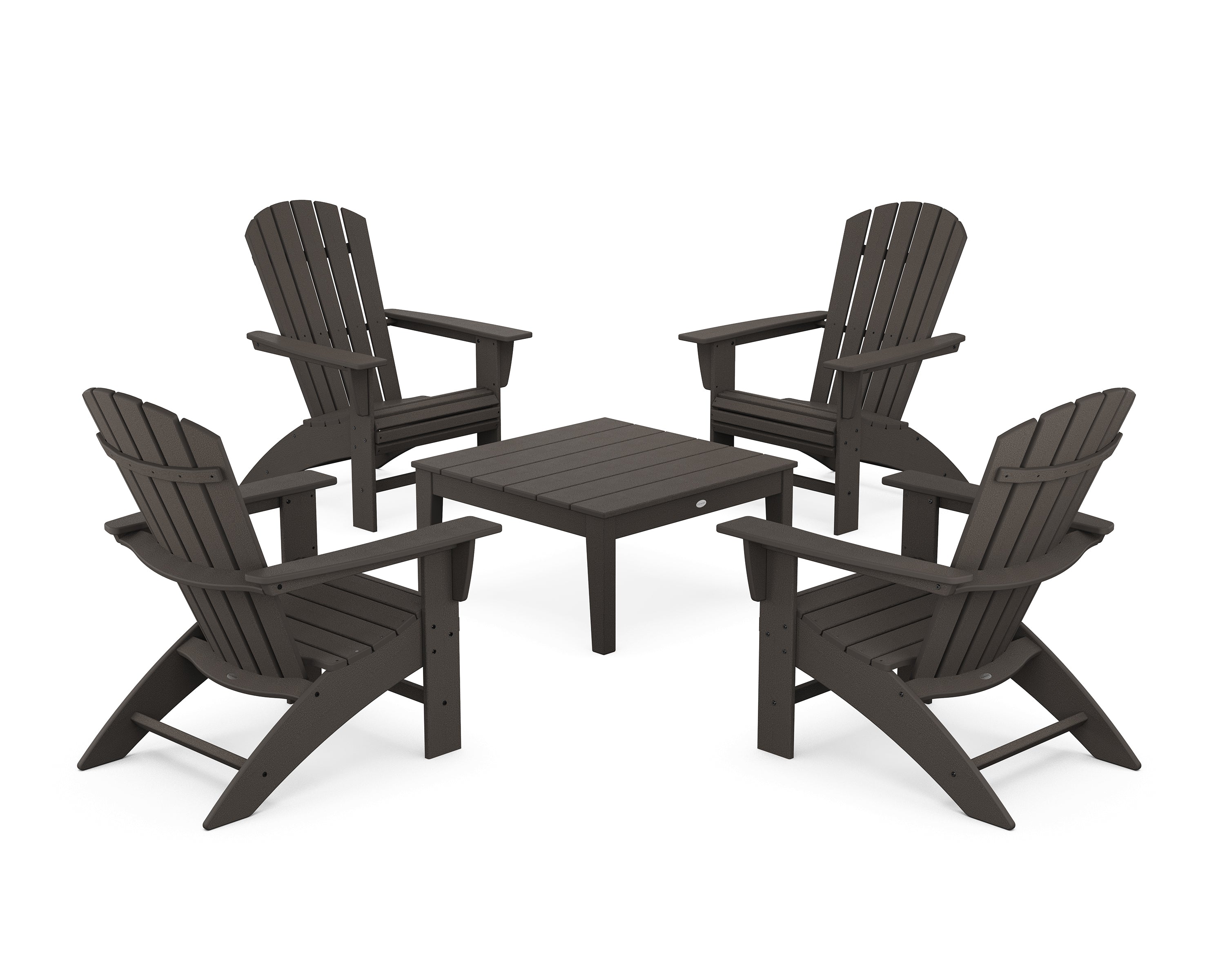 POLYWOOD® 5-Piece Nautical Curveback Adirondack Chair Conversation Set with 36" Conversation Table in Vintage Coffee